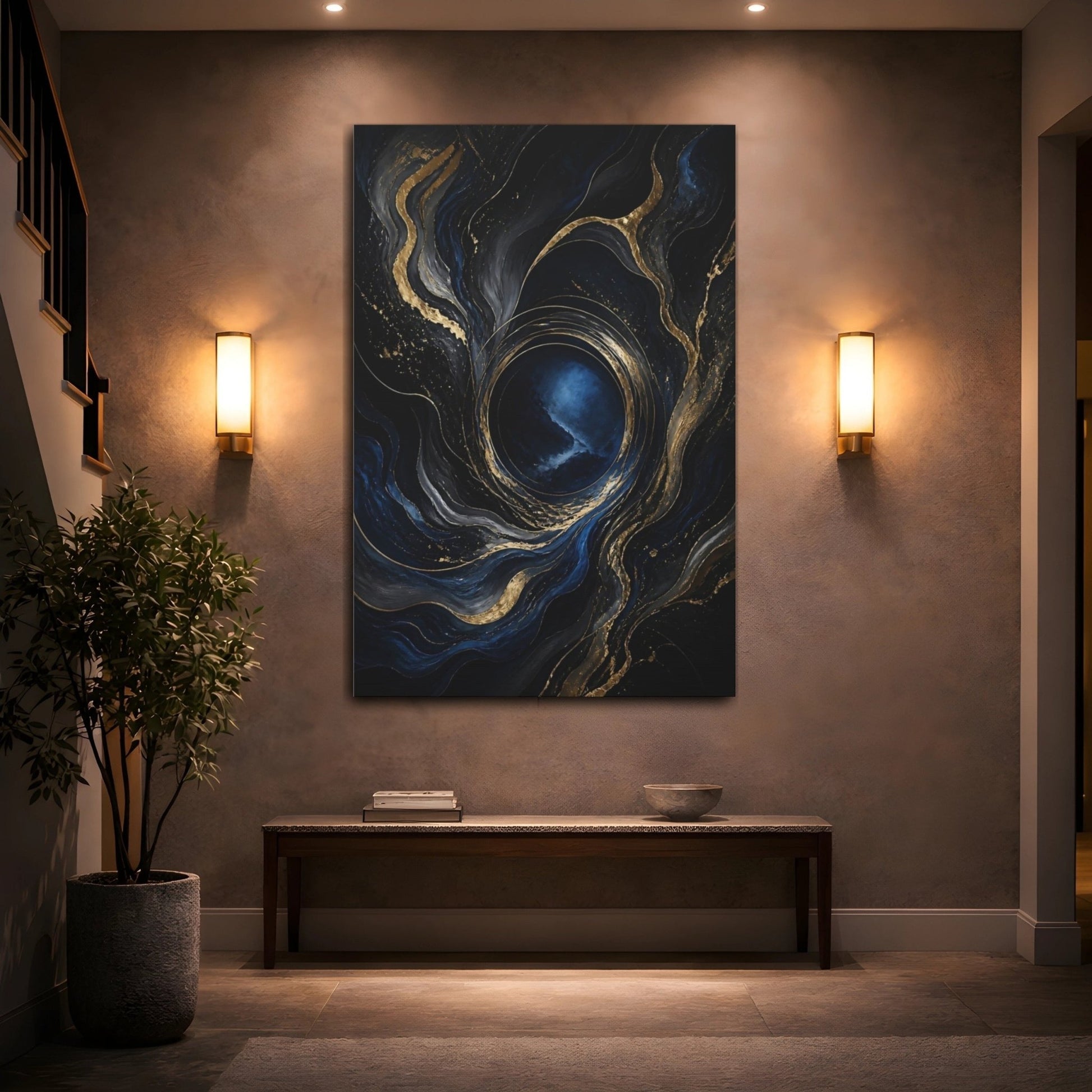 Abstract Swirl Dark Blue Gold Canvas Wall Art Print – Modern Living Room, Above Console Table - YesArtYes