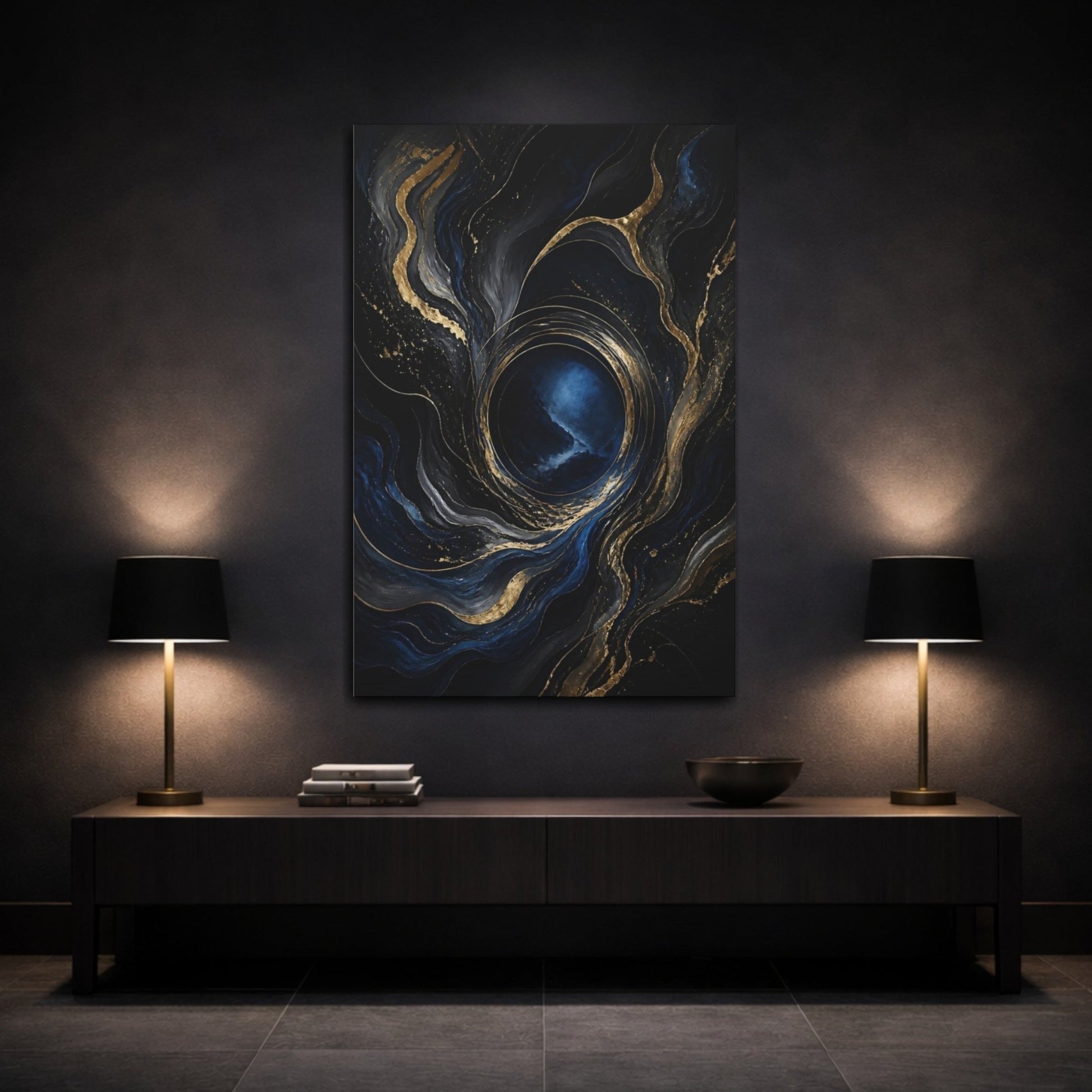 Abstract Swirl Dark Blue Gold Canvas Wall Art Print – Modern Living Room, Above Console Table - YesArtYes