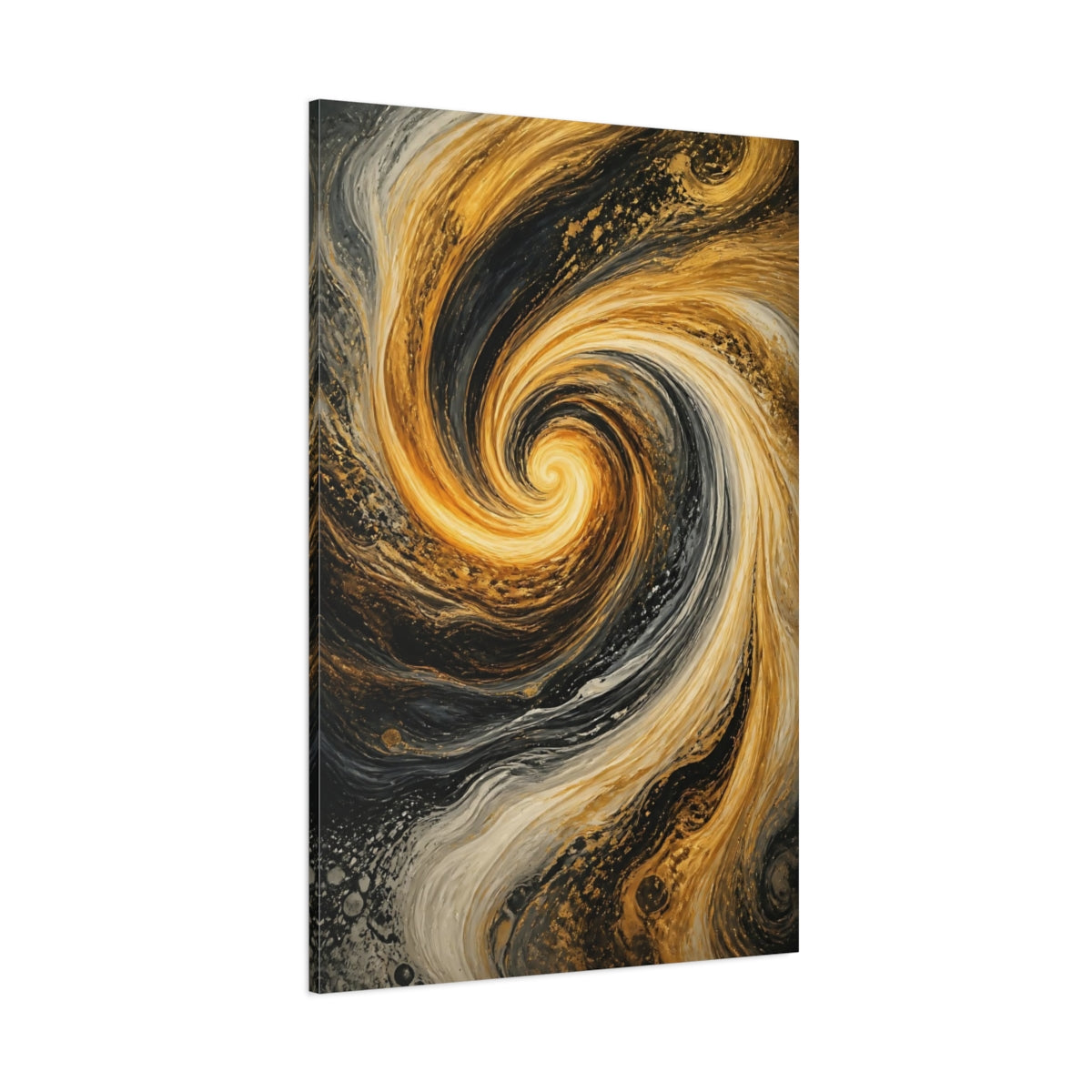 Side Mockup 1. Abstract Abstract Swirl Gold And Black shown as stretched canvas wall art