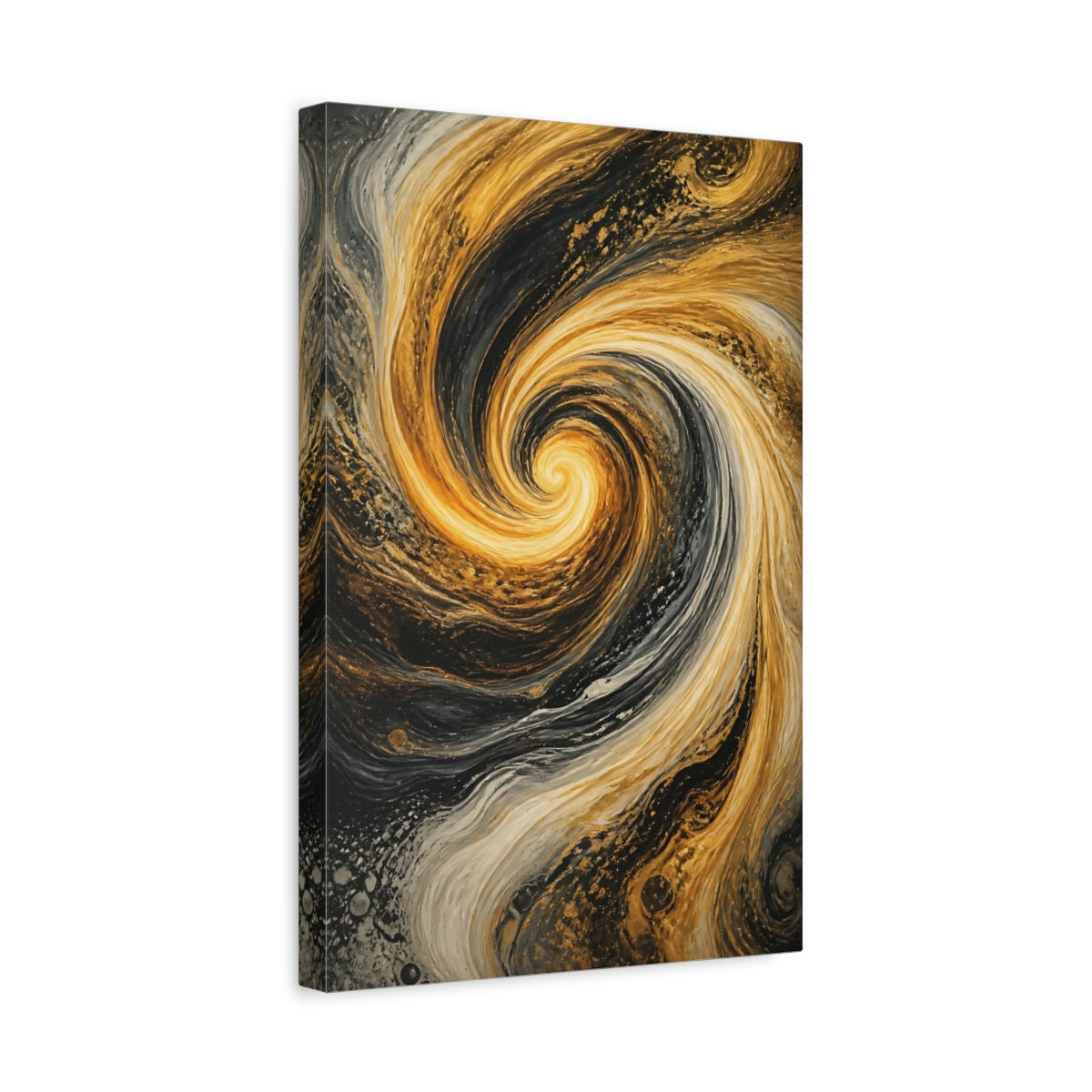 Side Mockup 4. Abstract Abstract Swirl Gold And Black shown as stretched canvas wall art