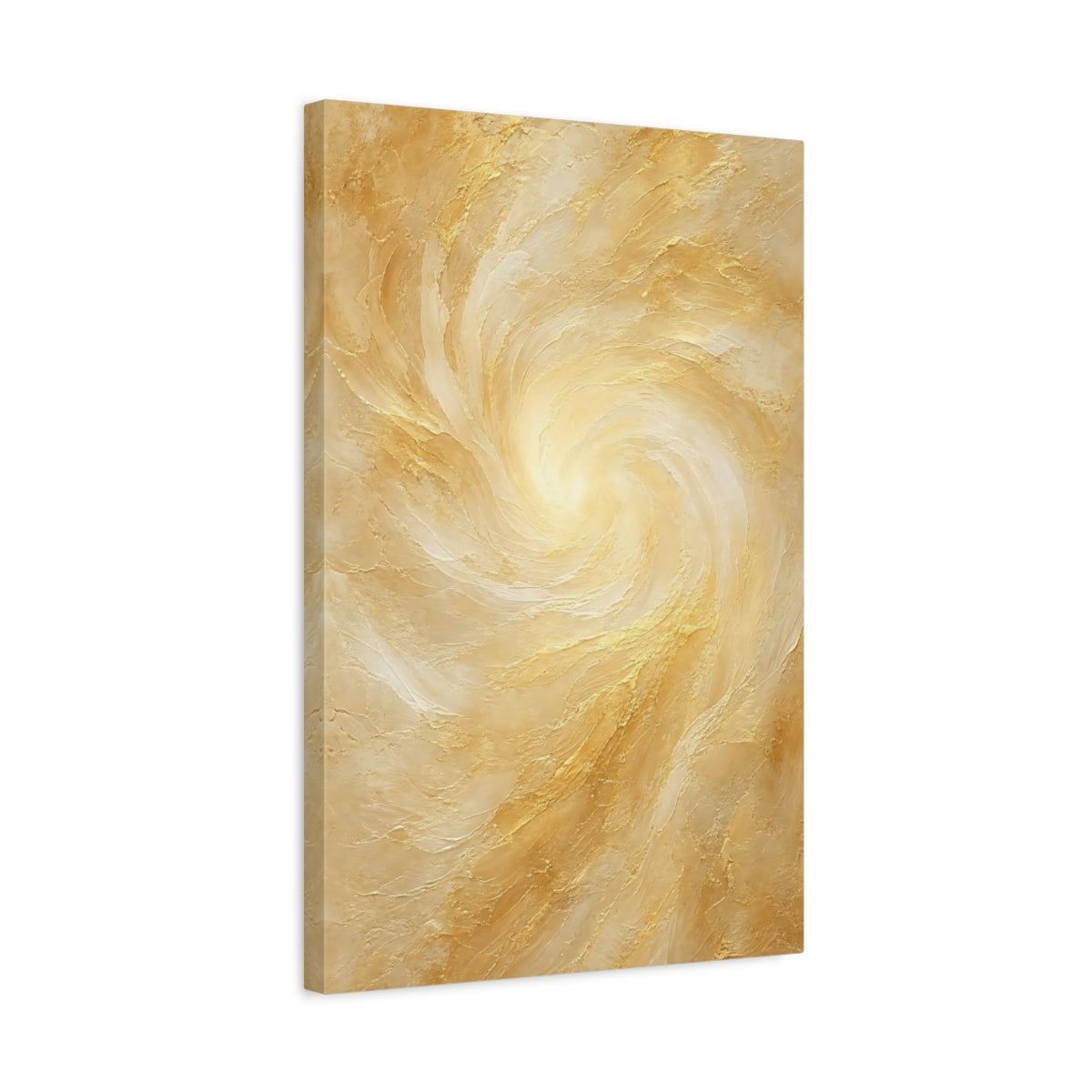 Side Mockup 3. Abstract Abstract Swirl Gold And Cream shown as stretched canvas wall art