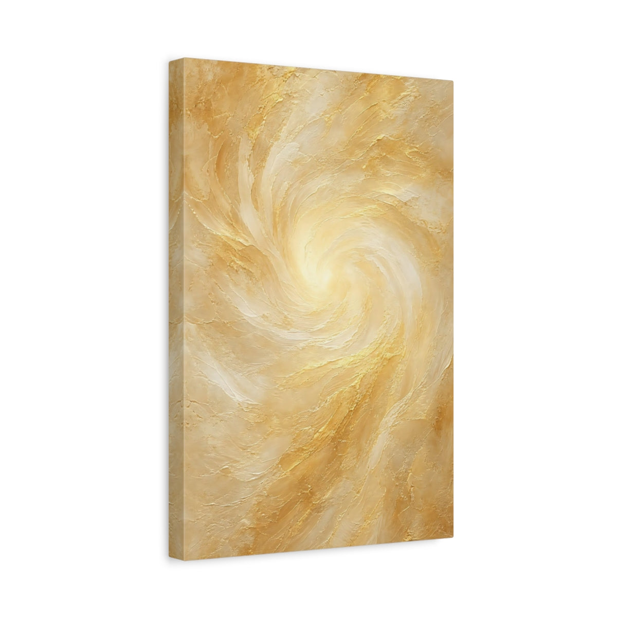 Side Mockup 4. Abstract Abstract Swirl Gold And Cream shown as stretched canvas wall art