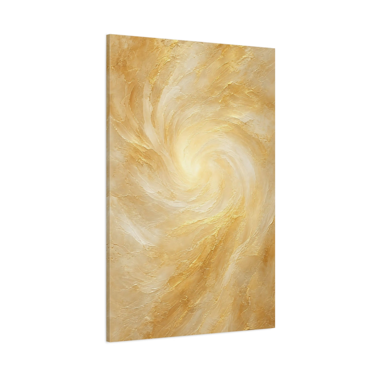Side Mockup 1. Abstract Abstract Swirl Gold And Cream shown as stretched canvas wall art