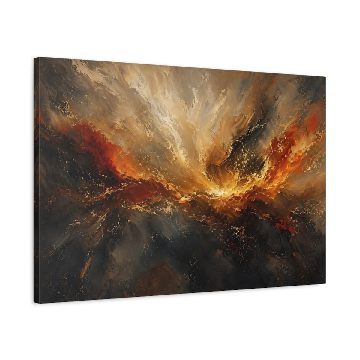 Side Mockup 2. Abstract Abstract Swirl Gold And Dark Hues shown as stretched canvas wall art