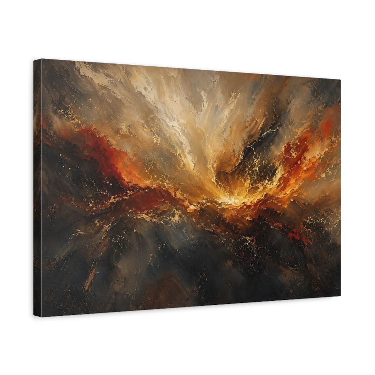 Side Mockup 3. Abstract Abstract Swirl Gold And Dark Hues shown as stretched canvas wall art