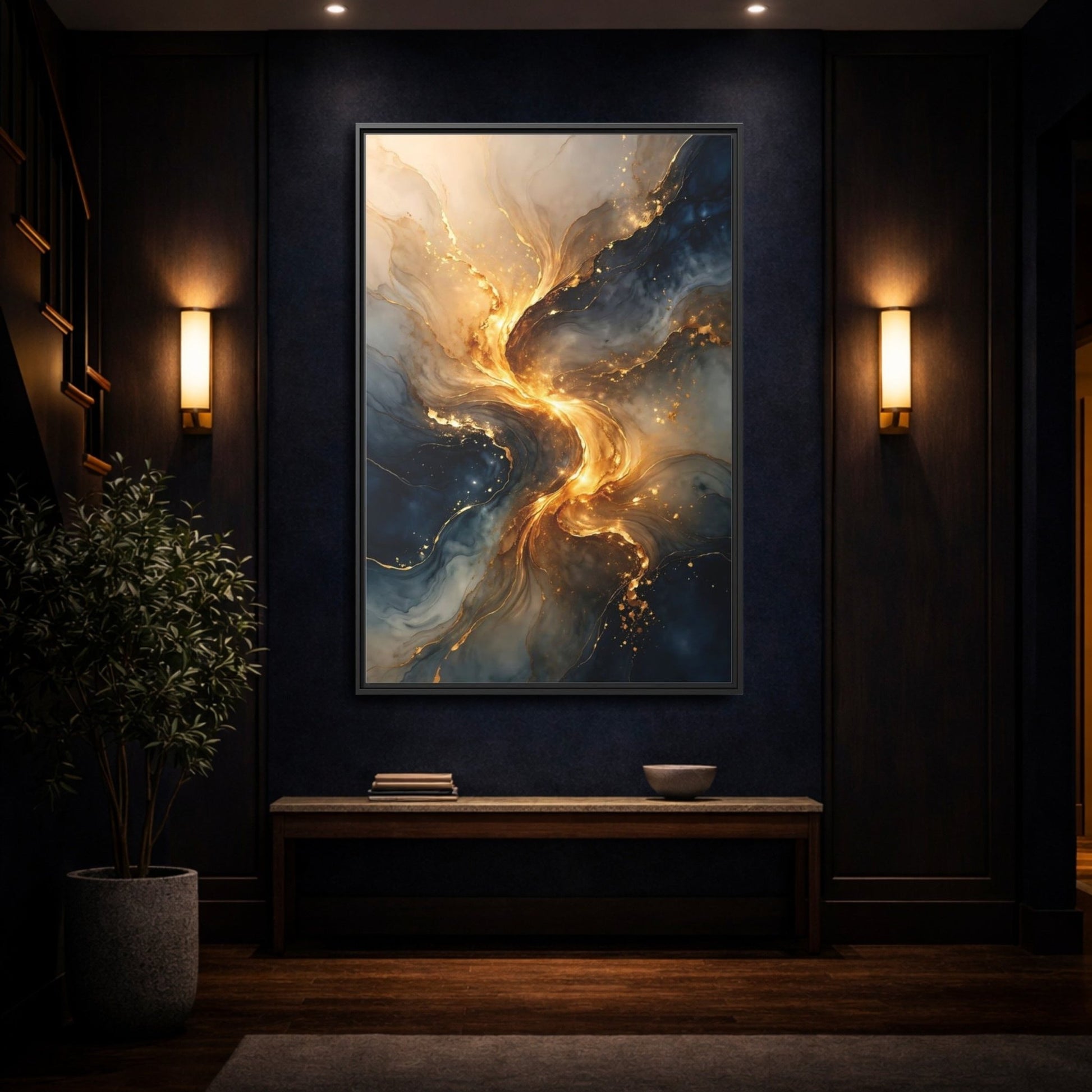 Abstract Swirl Gold Blue - Framed Canvas Wall Art Print - YesArtYes
