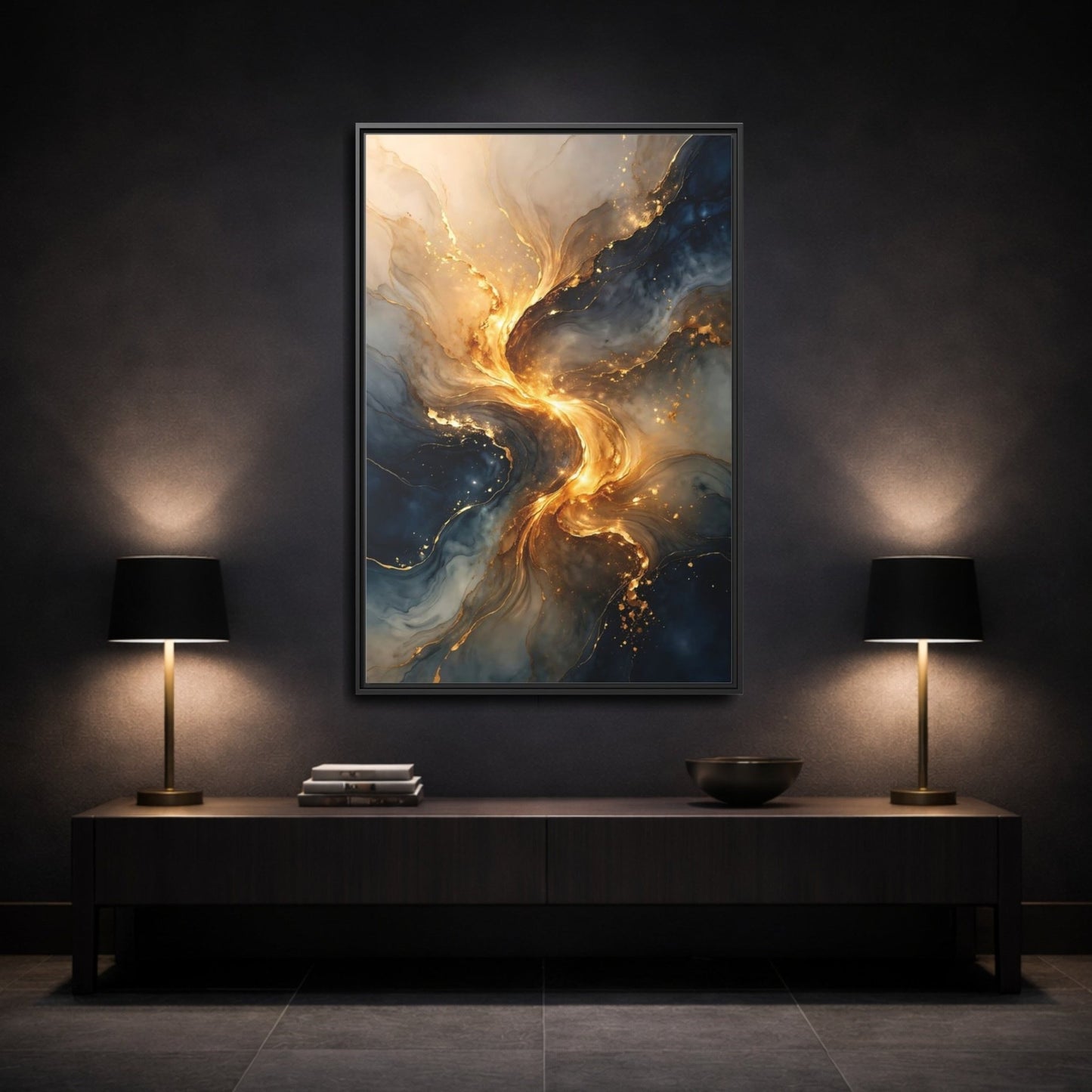 Abstract Swirl Gold Blue - Framed Canvas Wall Art Print - YesArtYes