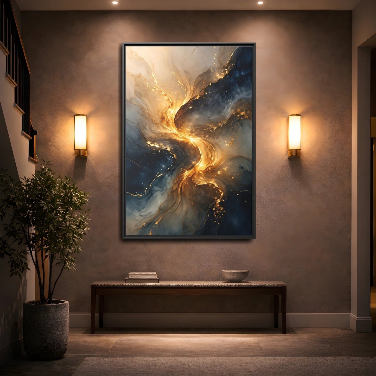 Abstract Swirl Gold Blue - Framed Canvas Wall Art Print - YesArtYes