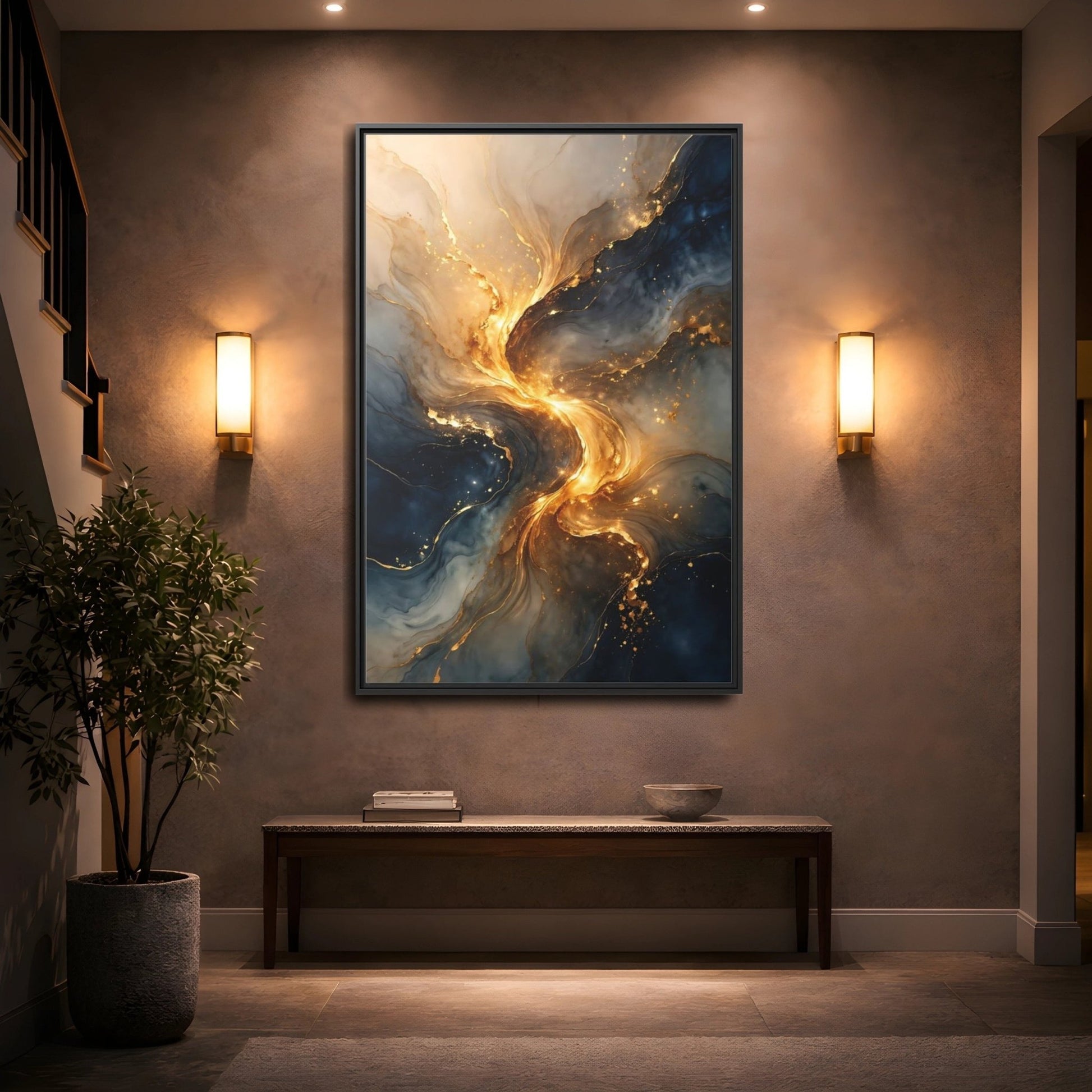 Abstract Swirl Gold Blue - Framed Canvas Wall Art Print - YesArtYes