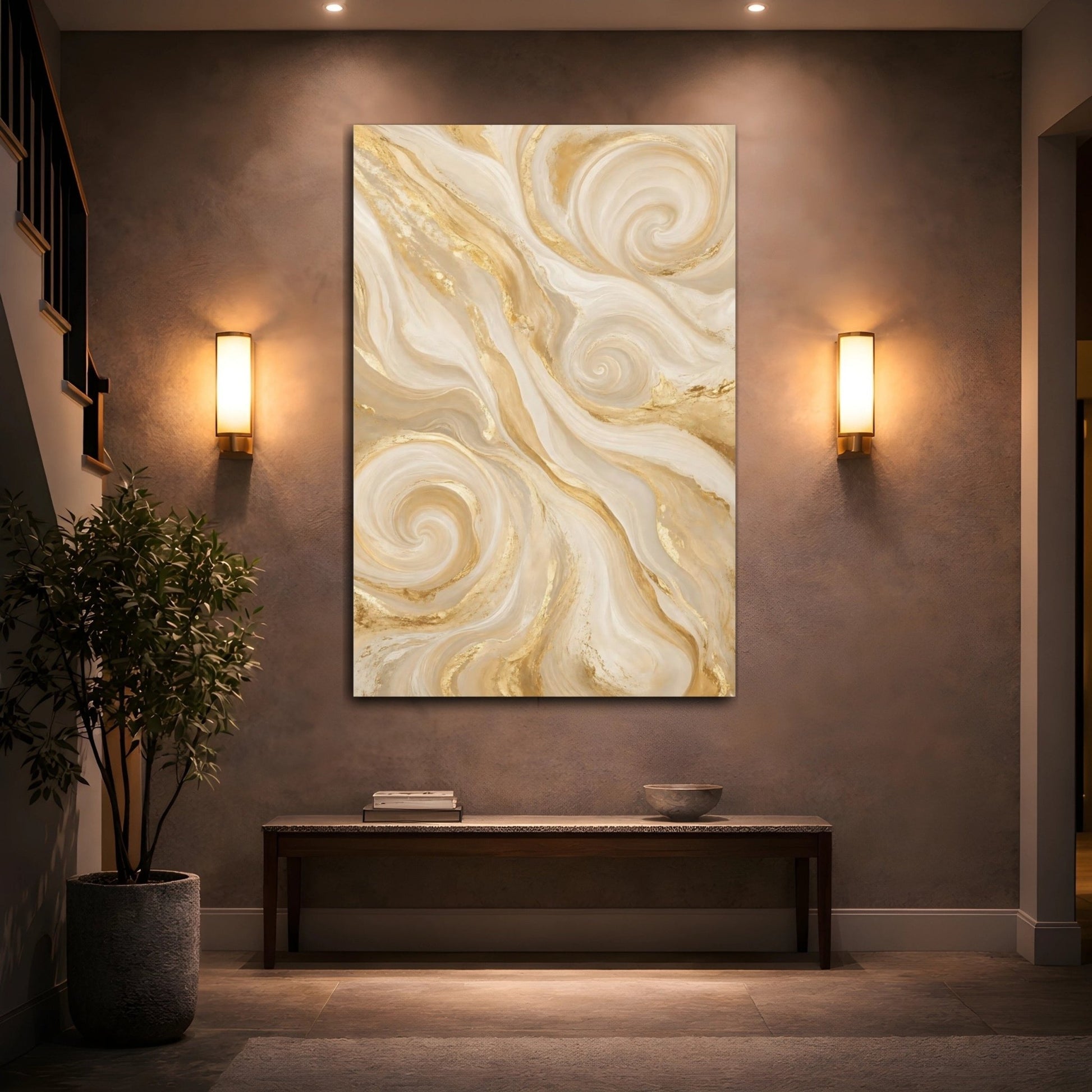 Abstract Swirl Gold Cream Canvas Wall Art Print – Living Room Decor, Above Console Table - YesArtYes