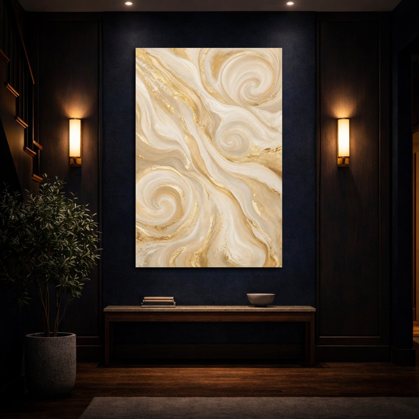 Abstract Swirl Gold Cream Canvas Wall Art Print – Living Room Decor, Above Console Table - YesArtYes