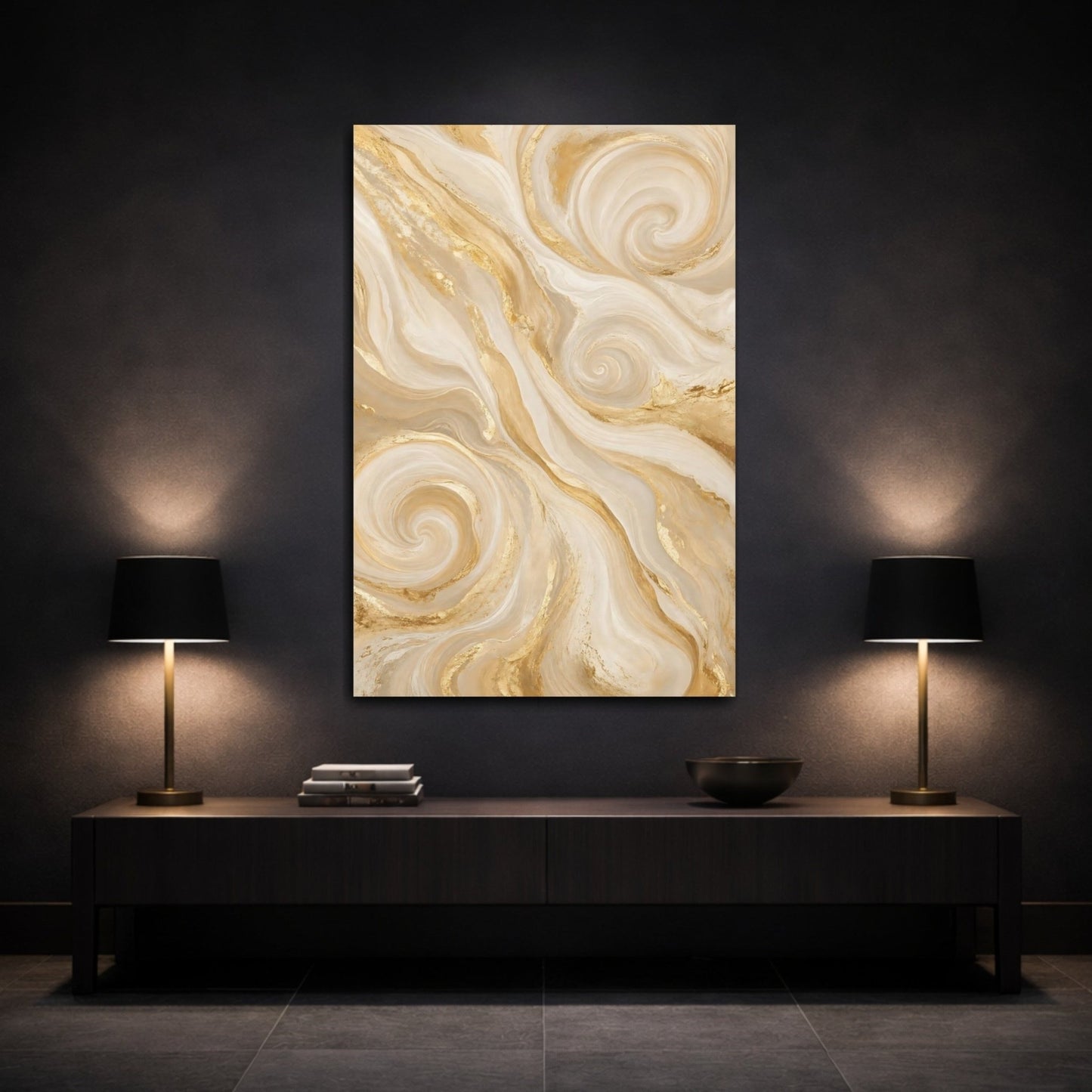 Abstract Swirl Gold Cream Canvas Wall Art Print – Living Room Decor, Above Console Table - YesArtYes