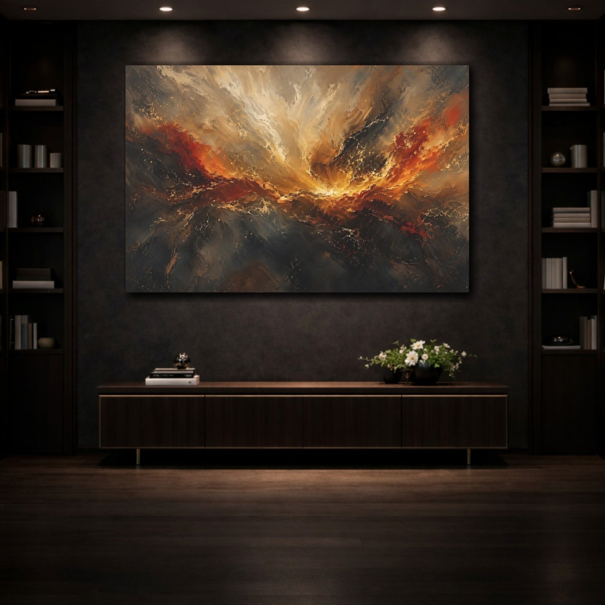 Abstract Swirl Gold Red Canvas Print – Living Room, Above Fireplace - YesArtYes