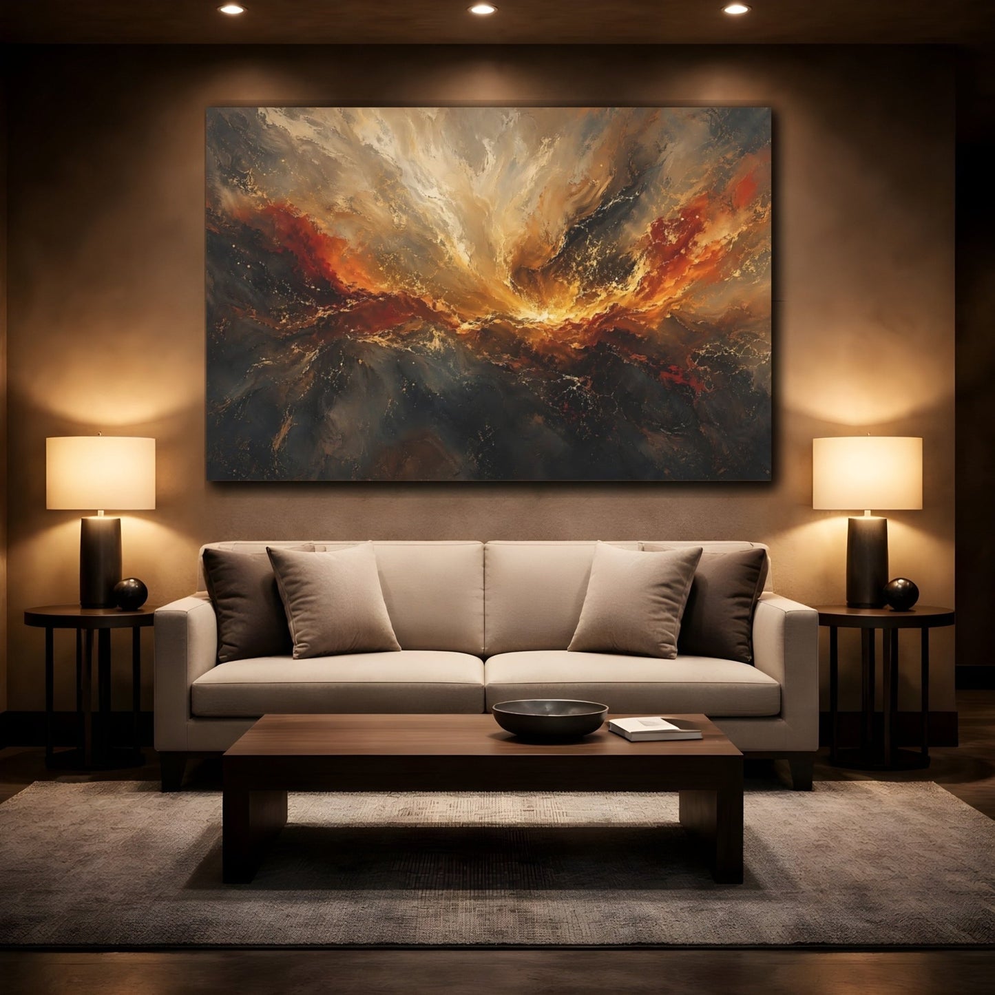 Abstract Swirl Gold Red Canvas Print – Living Room, Above Fireplace - YesArtYes