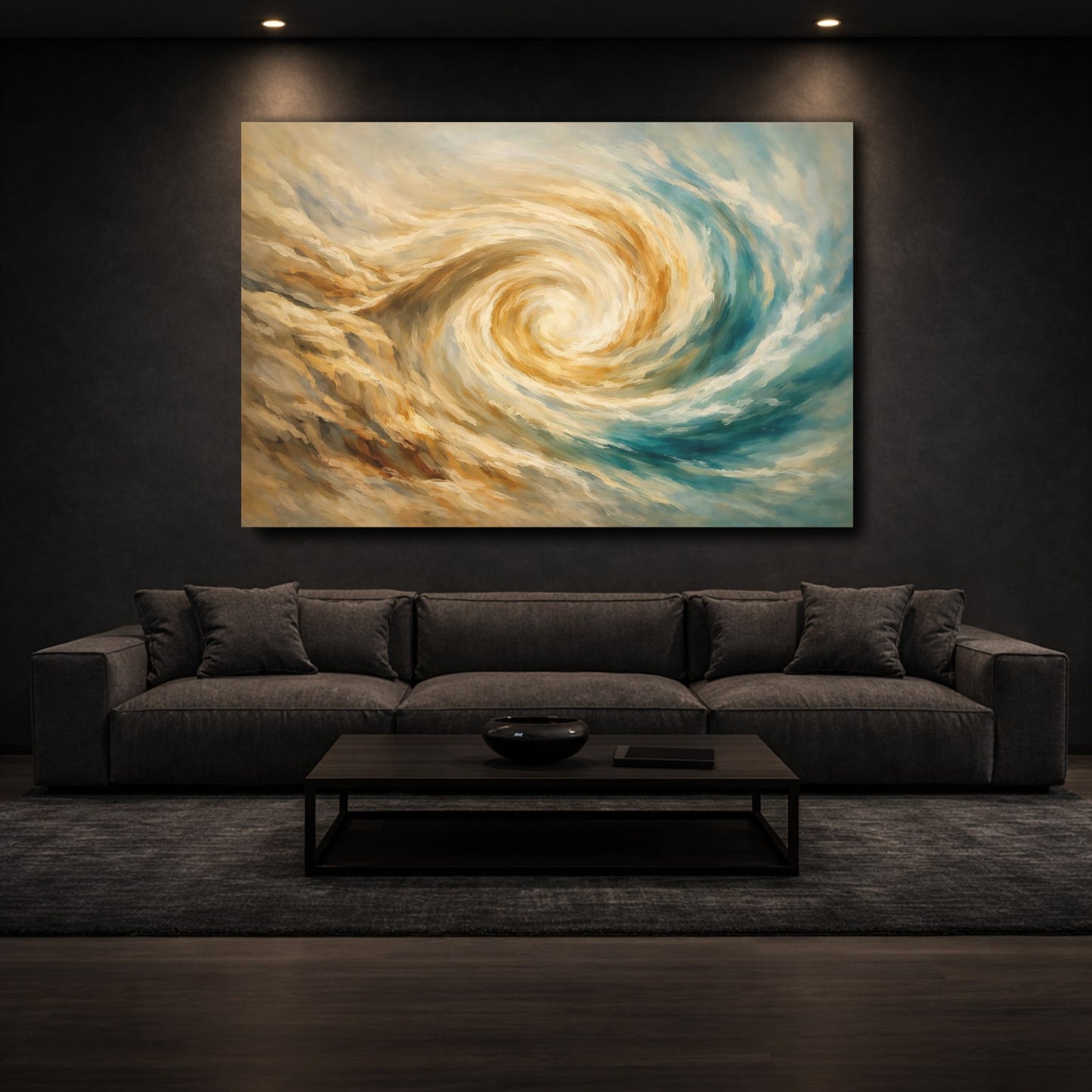 Mockup 2. Abstract Swirl Golden Teal Abstract shown as stretched canvas wall art
