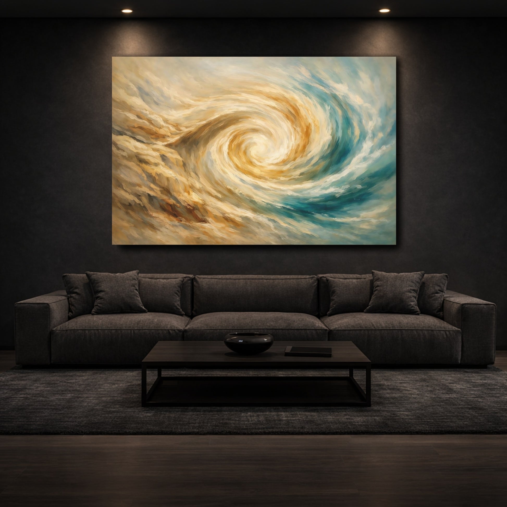 Mockup 2. Abstract Swirl Golden Teal Abstract shown as stretched canvas wall art