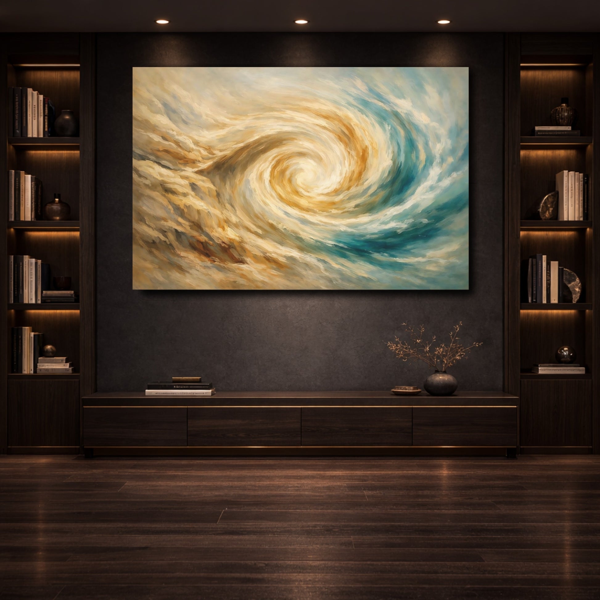 Mockup 3. Abstract Swirl Golden Teal Abstract shown as stretched canvas wall art