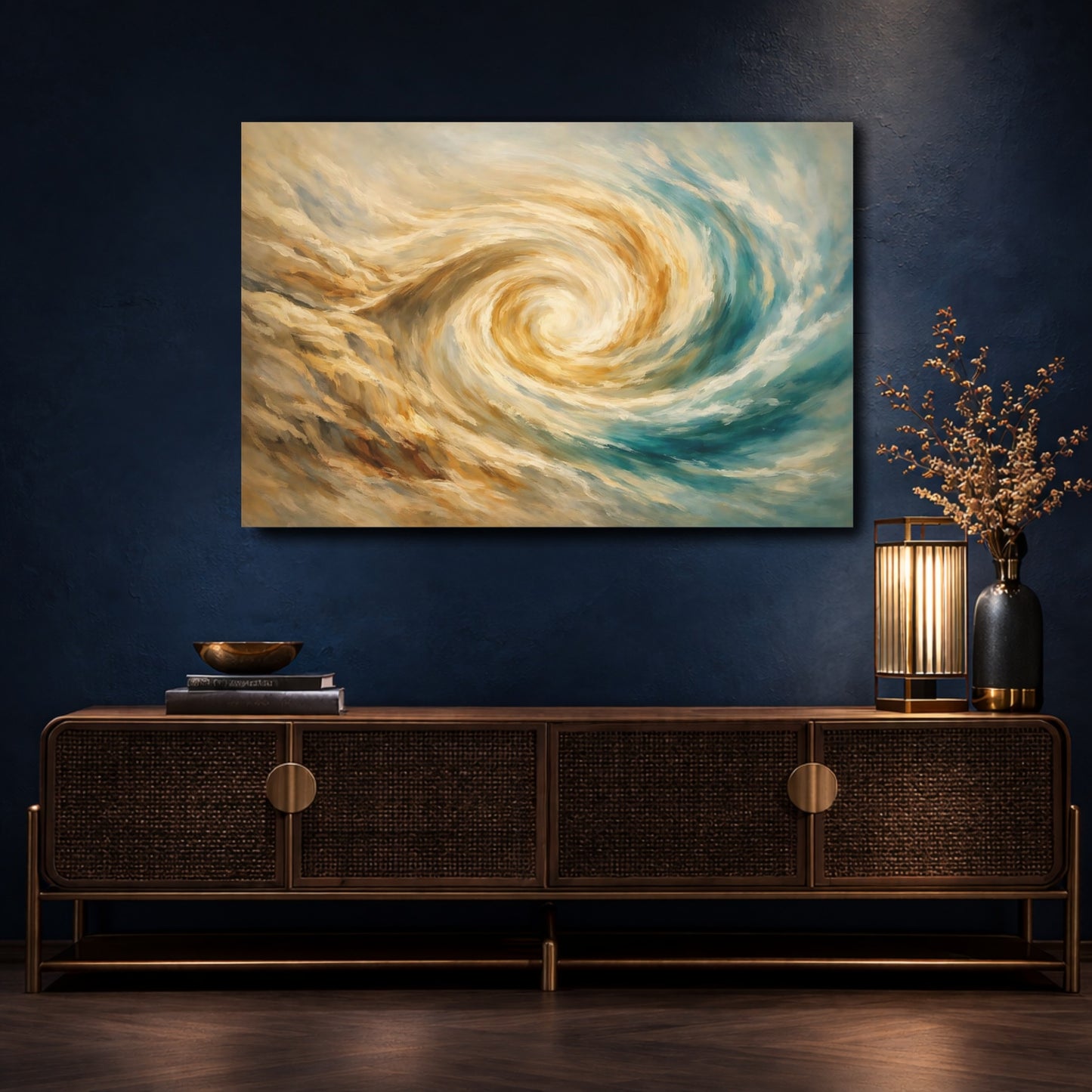 Mockup 4. Abstract Swirl Golden Teal Abstract shown as stretched canvas wall art