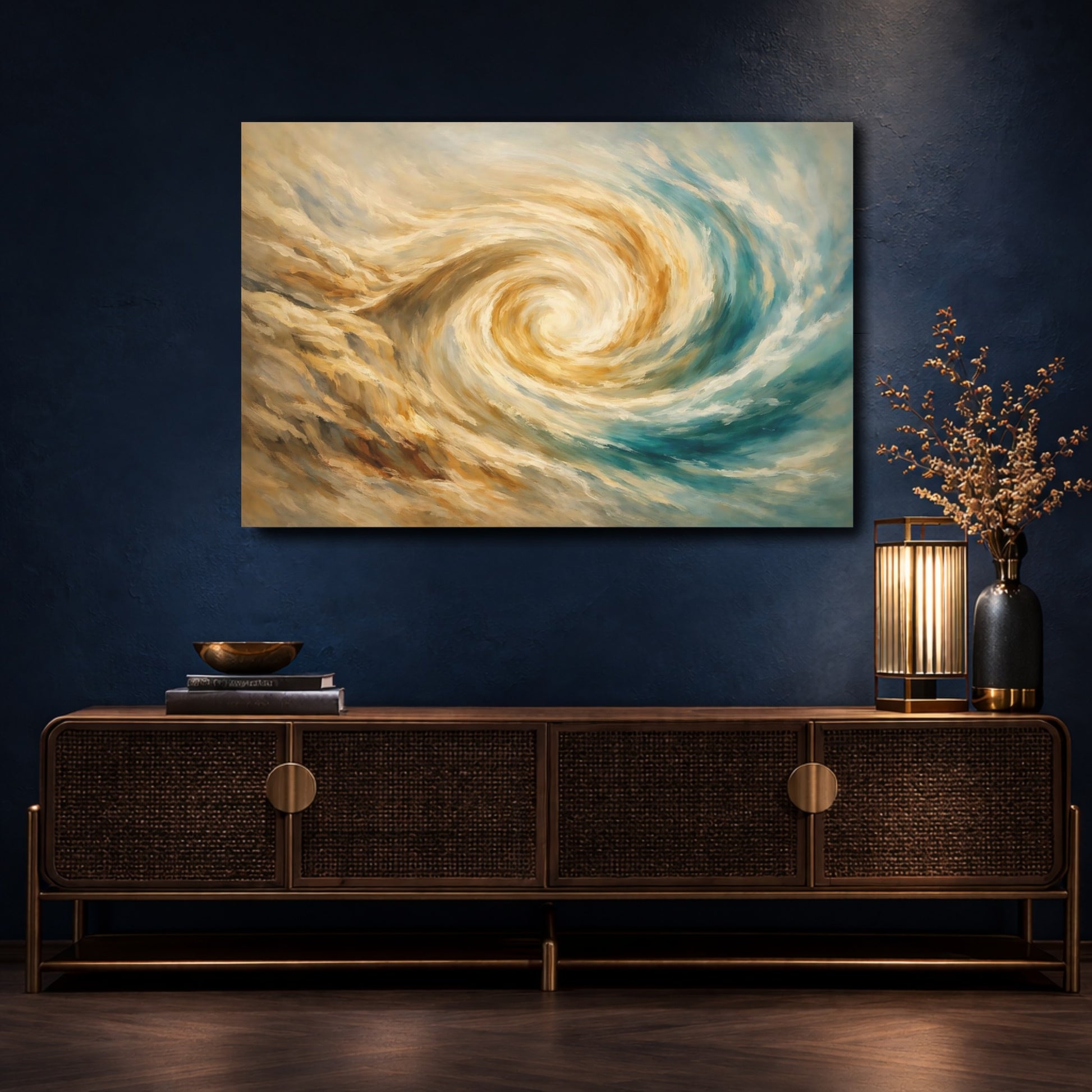 Mockup 4. Abstract Swirl Golden Teal Abstract shown as stretched canvas wall art
