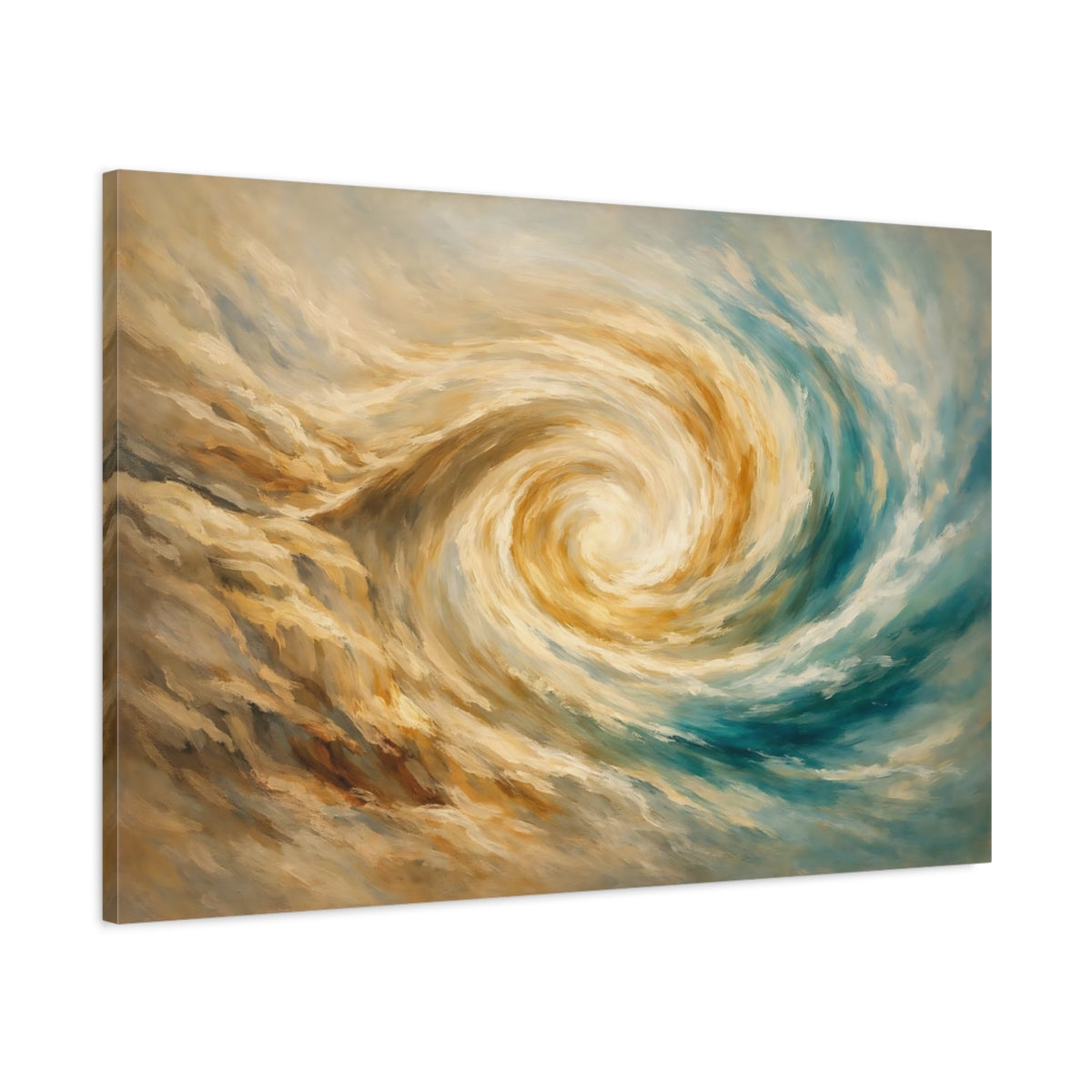 Side Mockup 1. Abstract Swirl Golden Teal Abstract shown as stretched canvas wall art