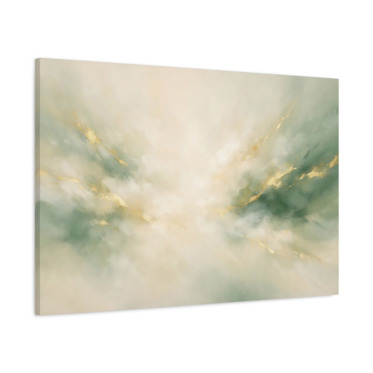 Side Mockup 1. Abstract Abstract Swirl Green Gold Abstract shown as stretched canvas wall art