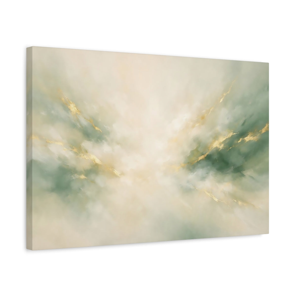 Side Mockup 3. Abstract Abstract Swirl Green Gold Abstract shown as stretched canvas wall art