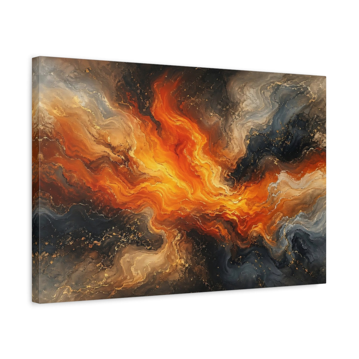 Side Mockup 3. Abstract Abstract Swirl Orange And Black Abstract shown as stretched canvas wall art