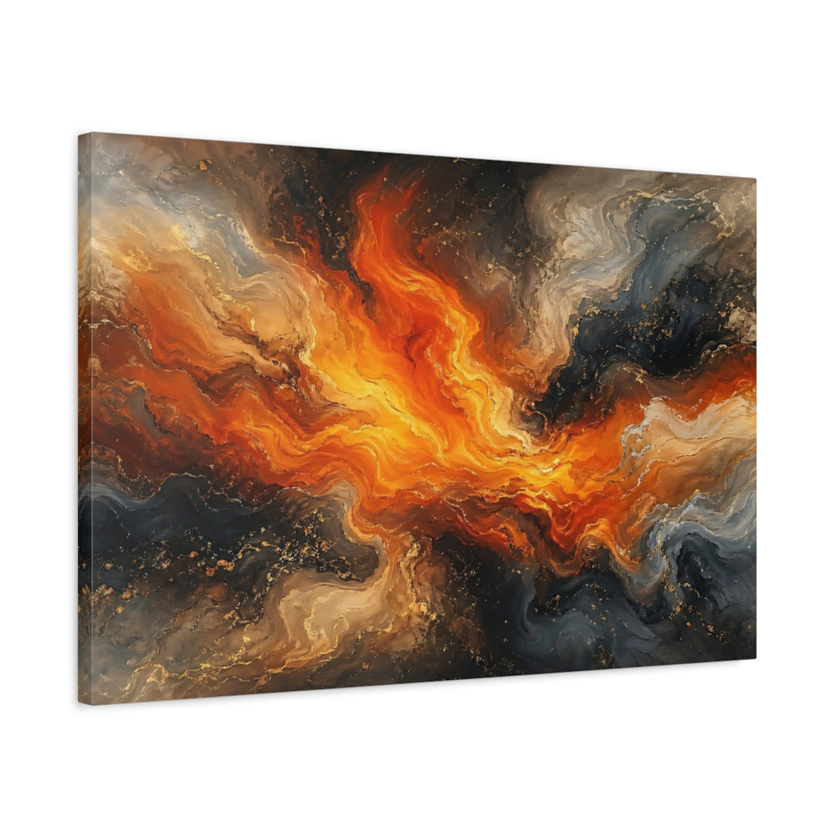 Side Mockup 2. Abstract Abstract Swirl Orange And Black Abstract shown as stretched canvas wall art