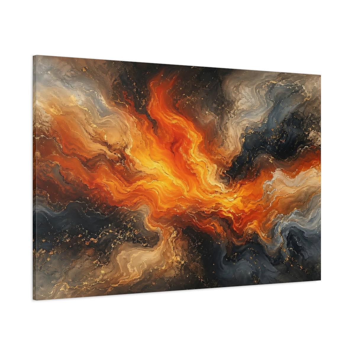 Side Mockup 1. Abstract Abstract Swirl Orange And Black Abstract shown as stretched canvas wall art