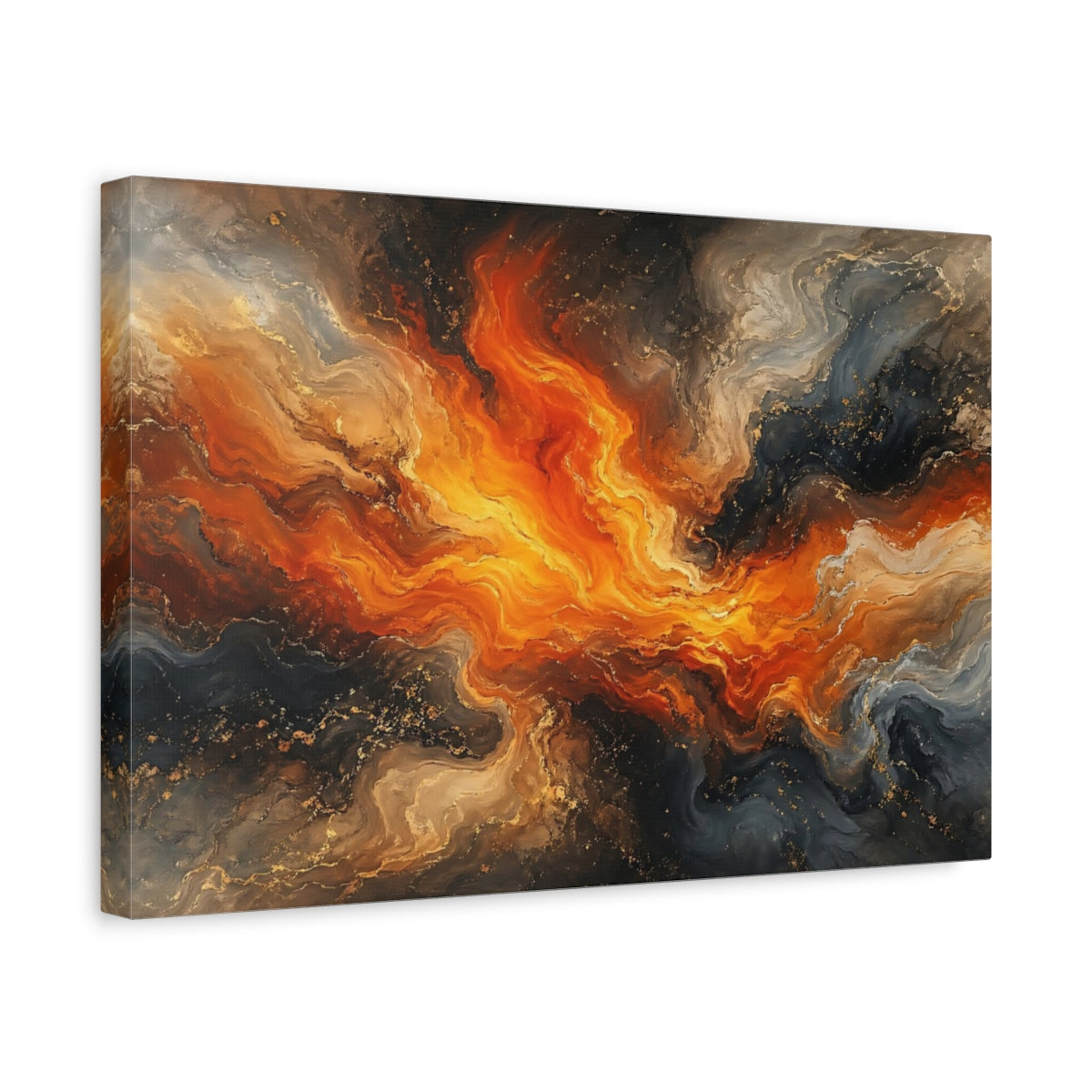 Side Mockup 4. Abstract Abstract Swirl Orange And Black Abstract shown as stretched canvas wall art