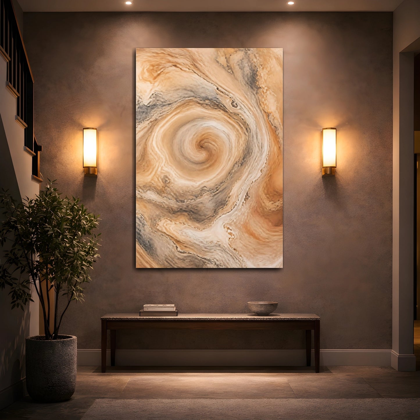 Mockup 2. Abstract Swirl Pattern Brown And Beige shown as stretched canvas wall art
