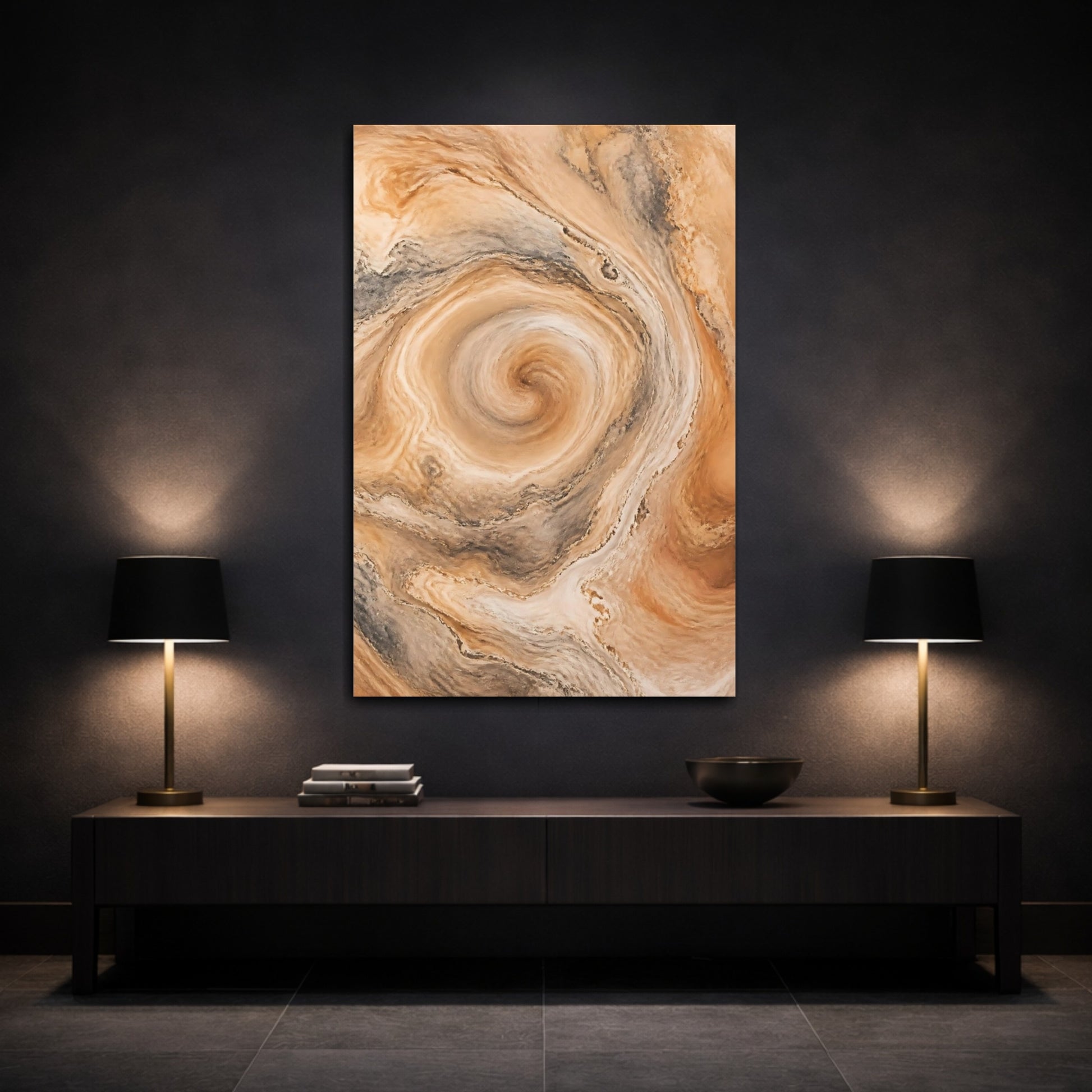 Mockup 3. Abstract Swirl Pattern Brown And Beige shown as stretched canvas wall art