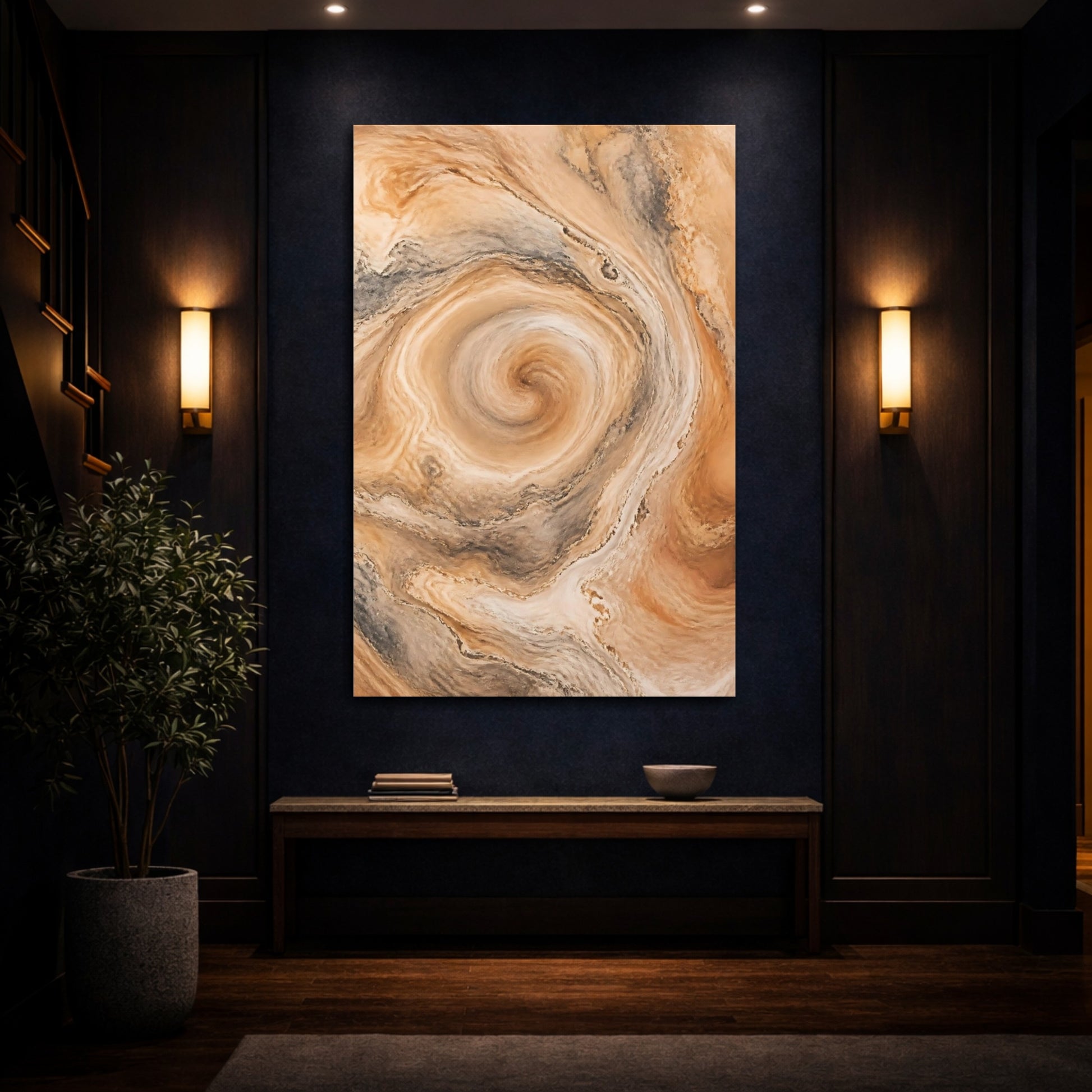Mockup 4. Abstract Swirl Pattern Brown And Beige shown as stretched canvas wall art