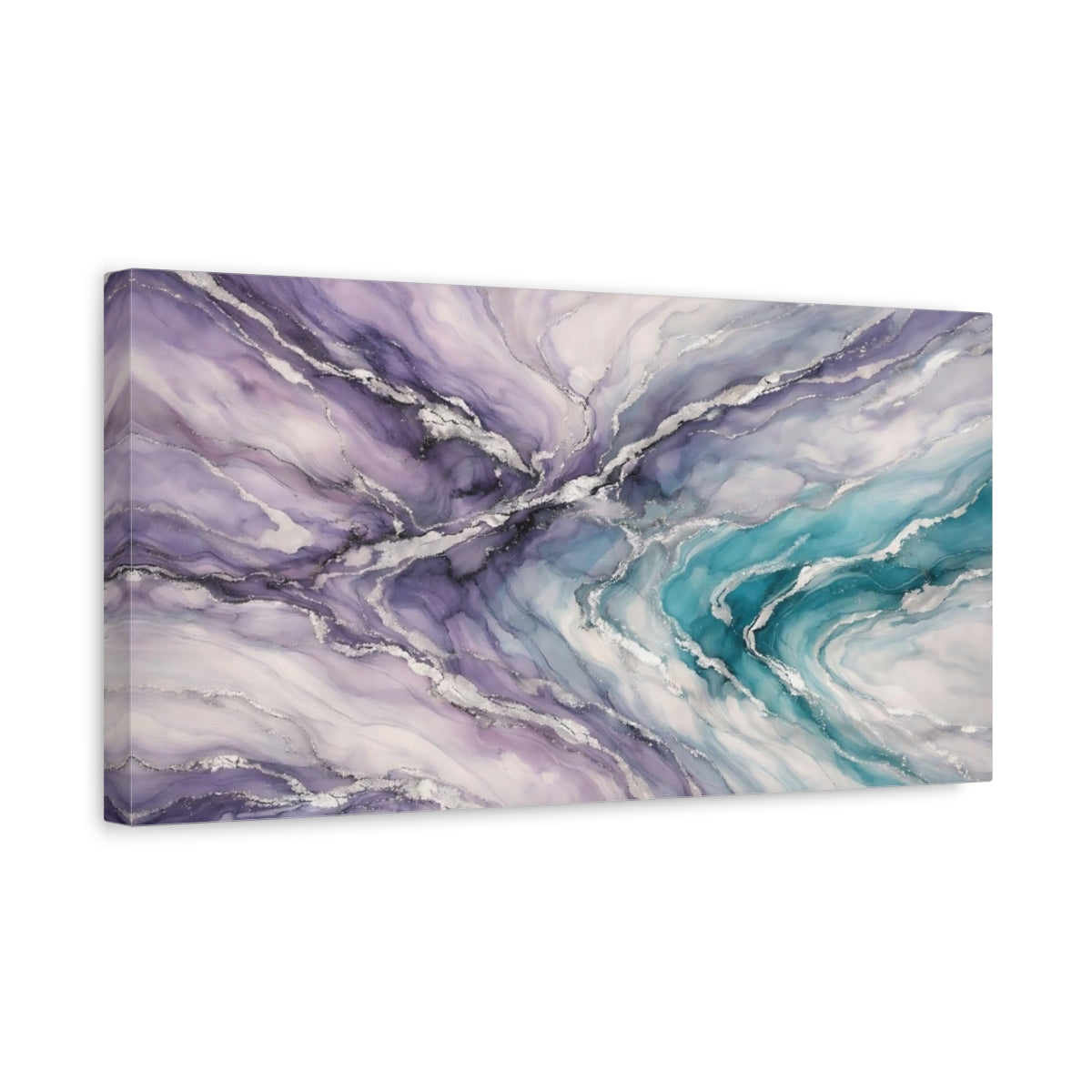 Side Mockup 3. Abstract Abstract Swirl Purple Teal Silver shown as stretched canvas wall art