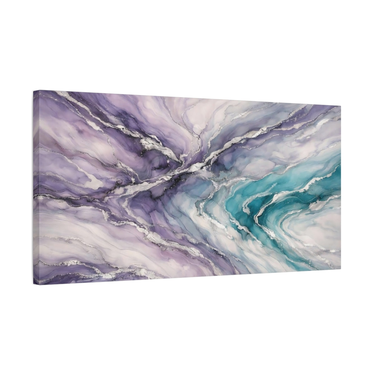 Side Mockup 2. Abstract Abstract Swirl Purple Teal Silver shown as stretched canvas wall art