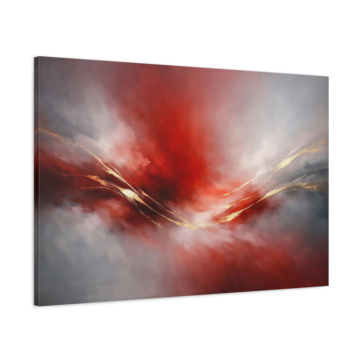 Side Mockup 1. Abstract Abstract Swirl Red Gold Abstract shown as stretched canvas wall art