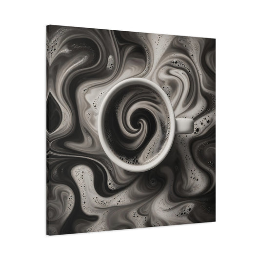 Main Mockup. Abstract Swirling Coffee Black And White shown as stretched canvas wall art