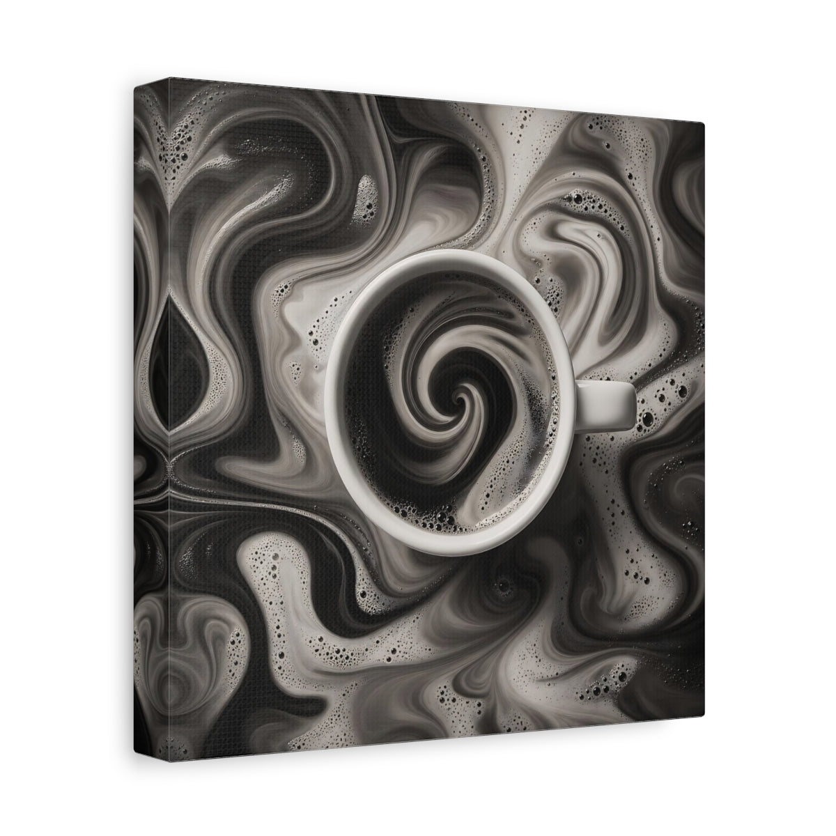Side Mockup 9. Abstract Swirling Coffee Black And White shown as stretched canvas wall art
