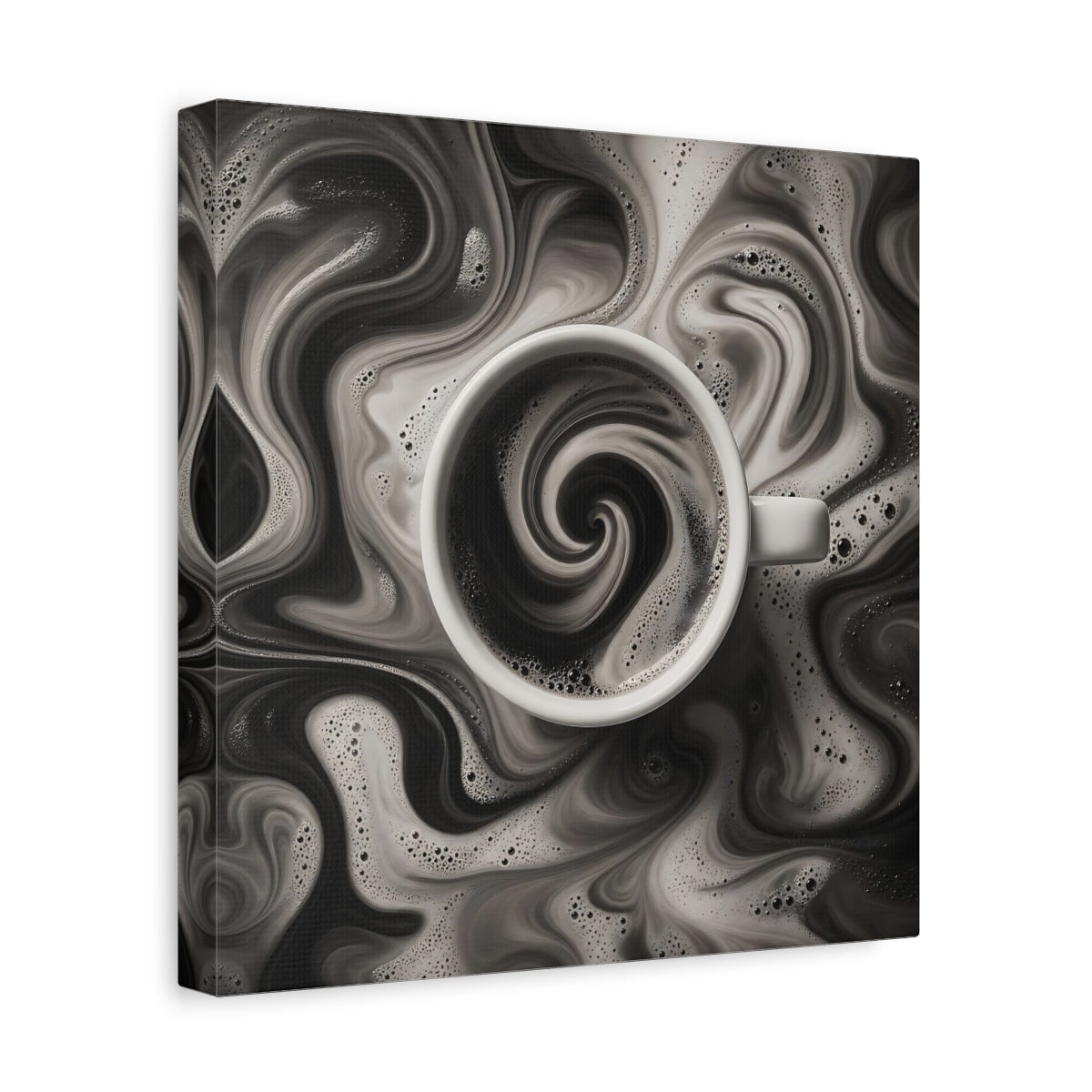Side Mockup 8. Abstract Swirling Coffee Black And White shown as stretched canvas wall art