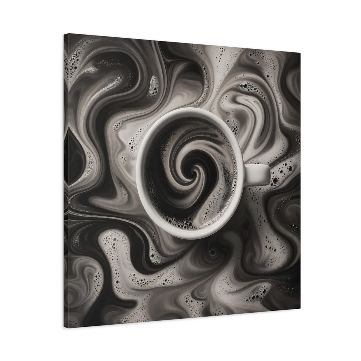 Side Mockup 3. Abstract Swirling Coffee Black And White shown as stretched canvas wall art