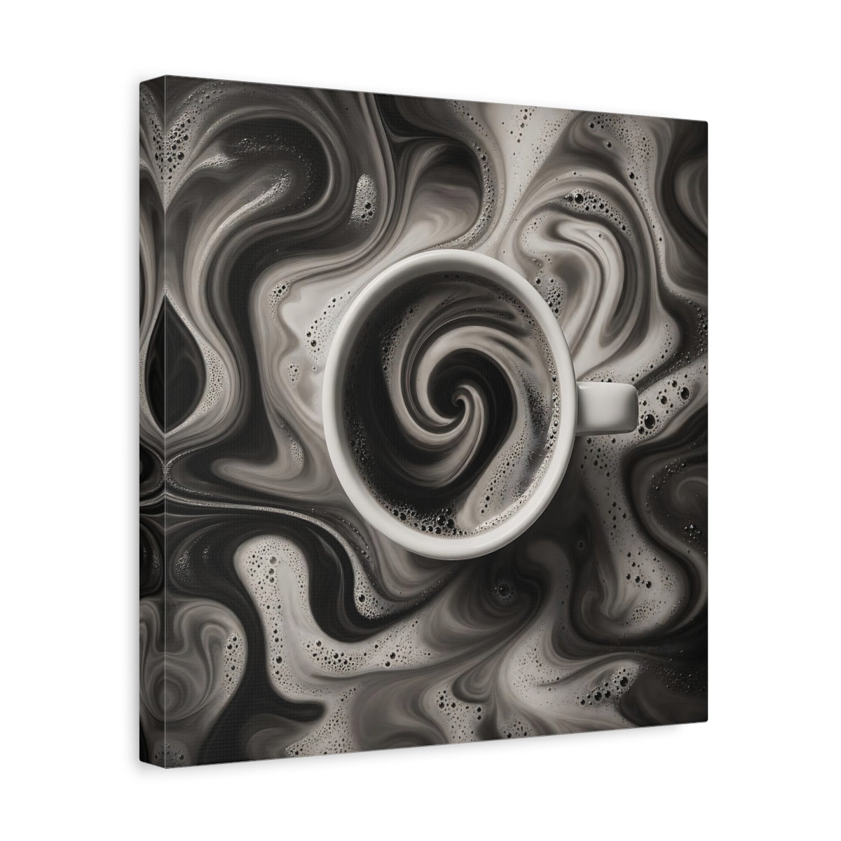 Side Mockup 7. Abstract Swirling Coffee Black And White shown as stretched canvas wall art
