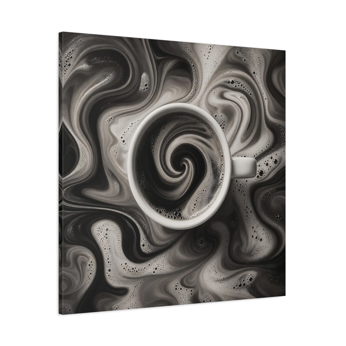 Side Mockup 1. Abstract Swirling Coffee Black And White shown as stretched canvas wall art