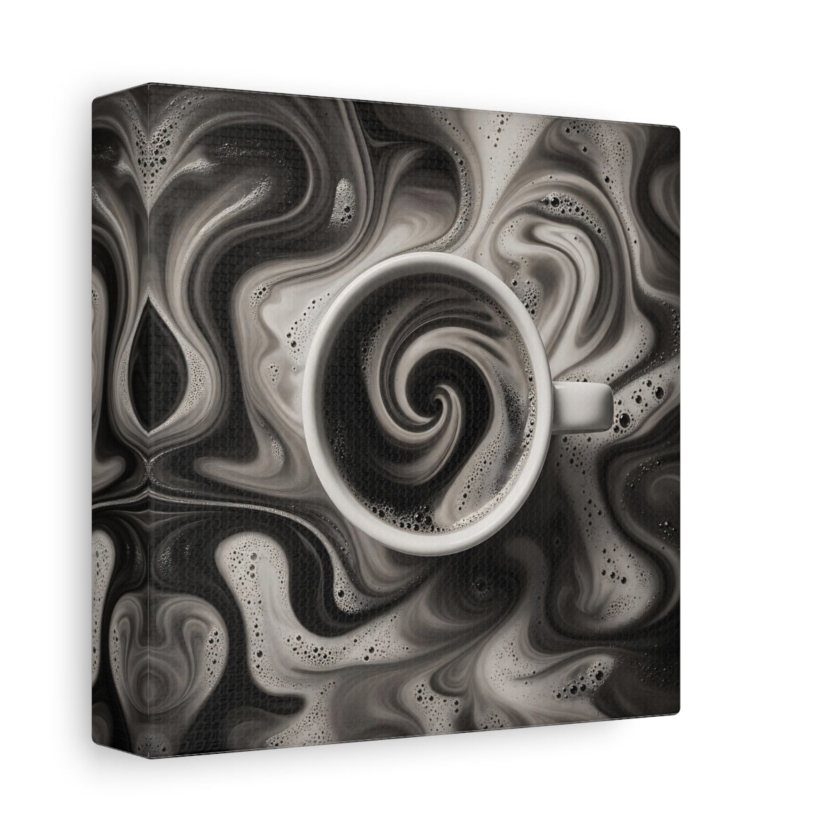 Side Mockup 2. Abstract Swirling Coffee Black And White shown as stretched canvas wall art