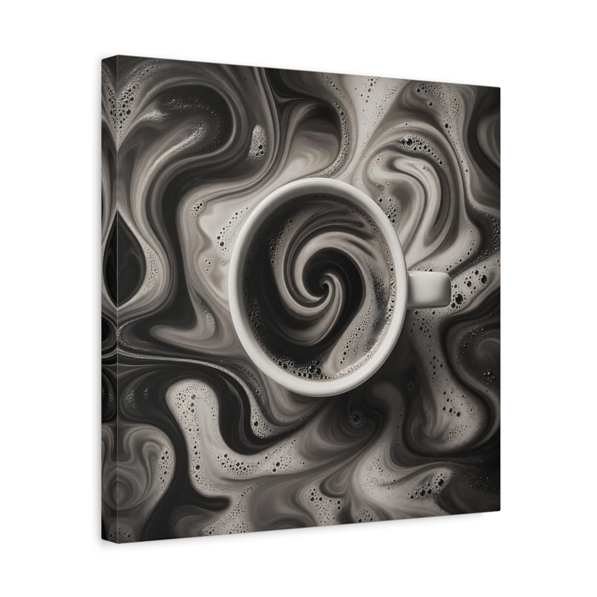 Side Mockup 6. Abstract Swirling Coffee Black And White shown as stretched canvas wall art