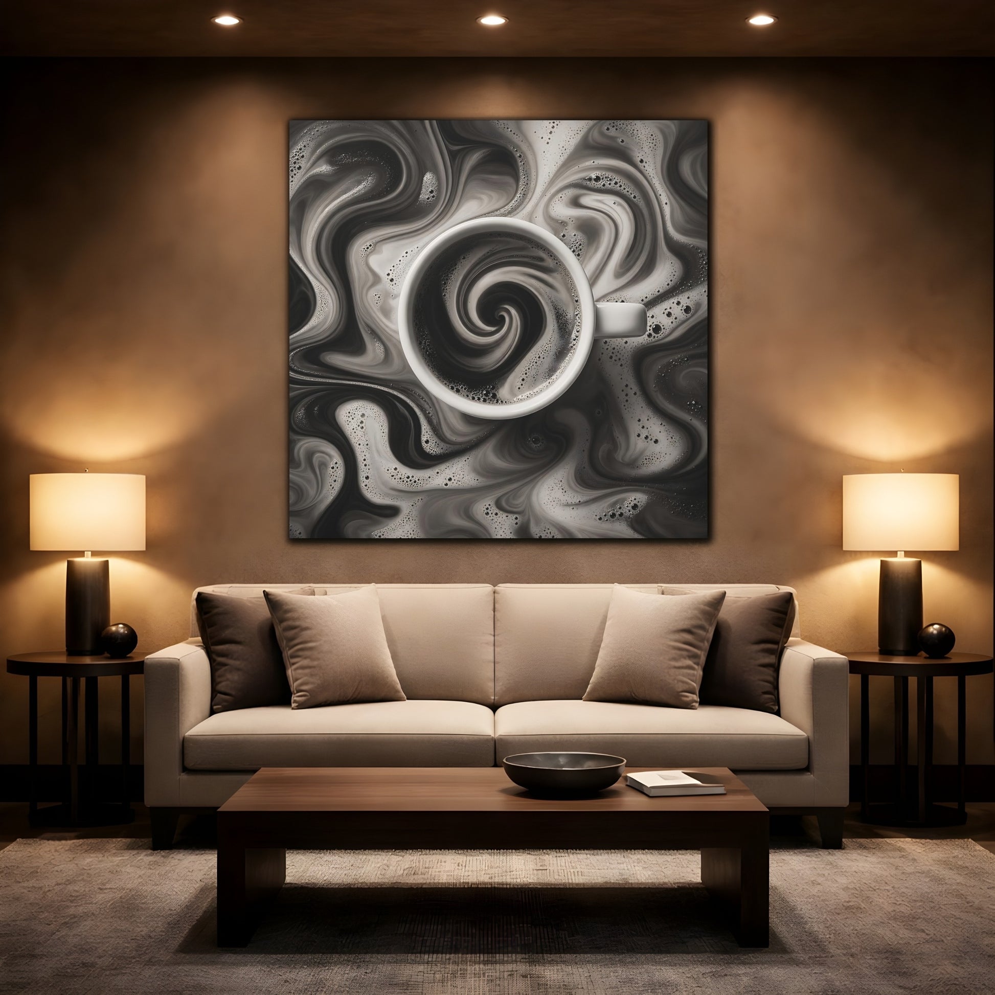 Mockup 2. Abstract Swirling Coffee Black And White shown as stretched canvas wall art