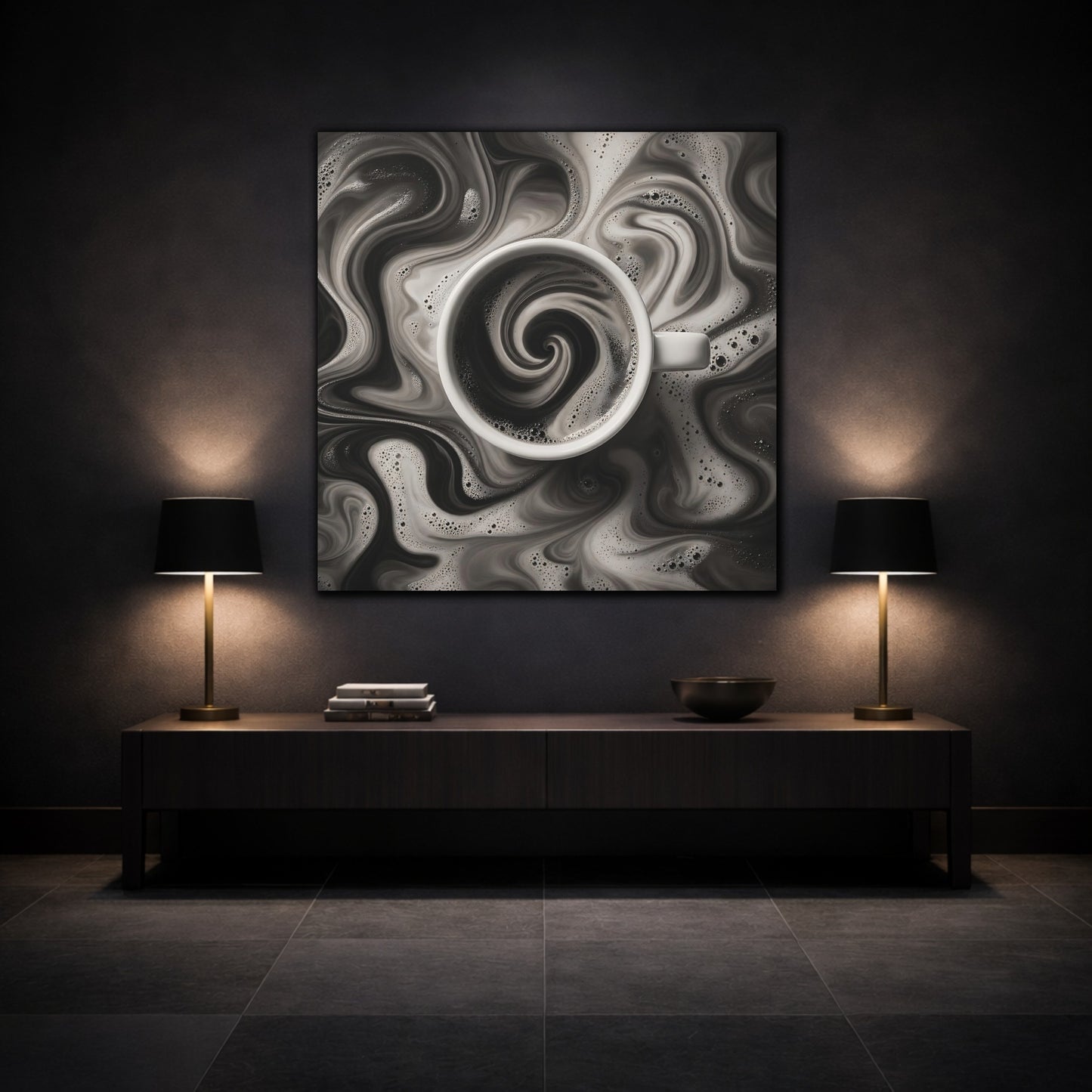 Mockup 3. Abstract Swirling Coffee Black And White shown as stretched canvas wall art