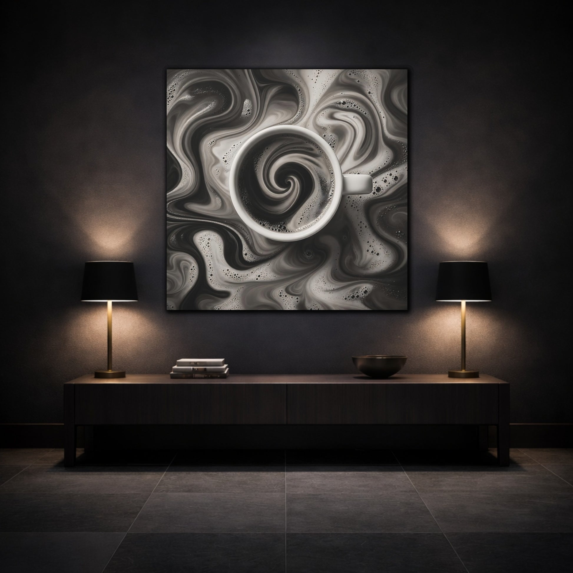Mockup 3. Abstract Swirling Coffee Black And White shown as stretched canvas wall art