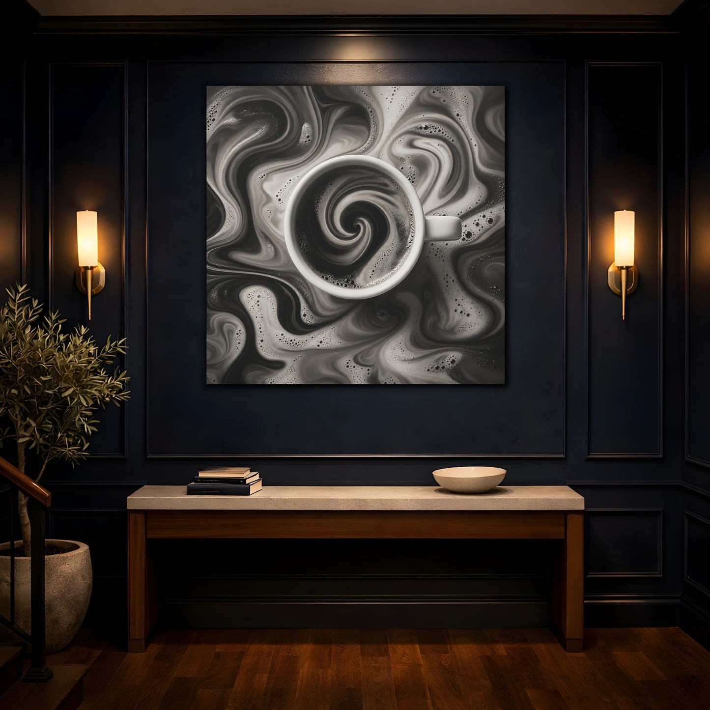 Mockup 4. Abstract Swirling Coffee Black And White shown as stretched canvas wall art