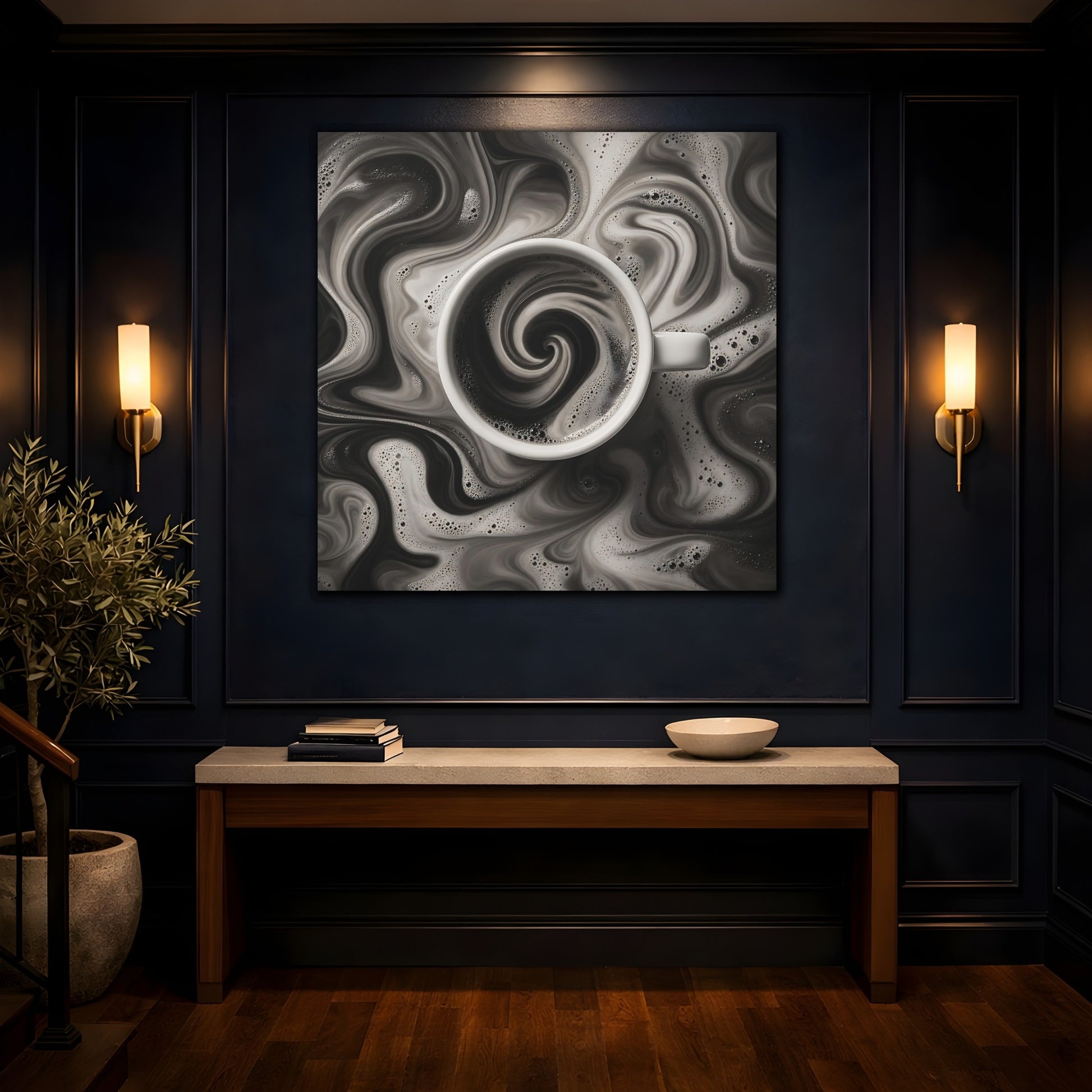 Mockup 4. Abstract Swirling Coffee Black And White shown as stretched canvas wall art