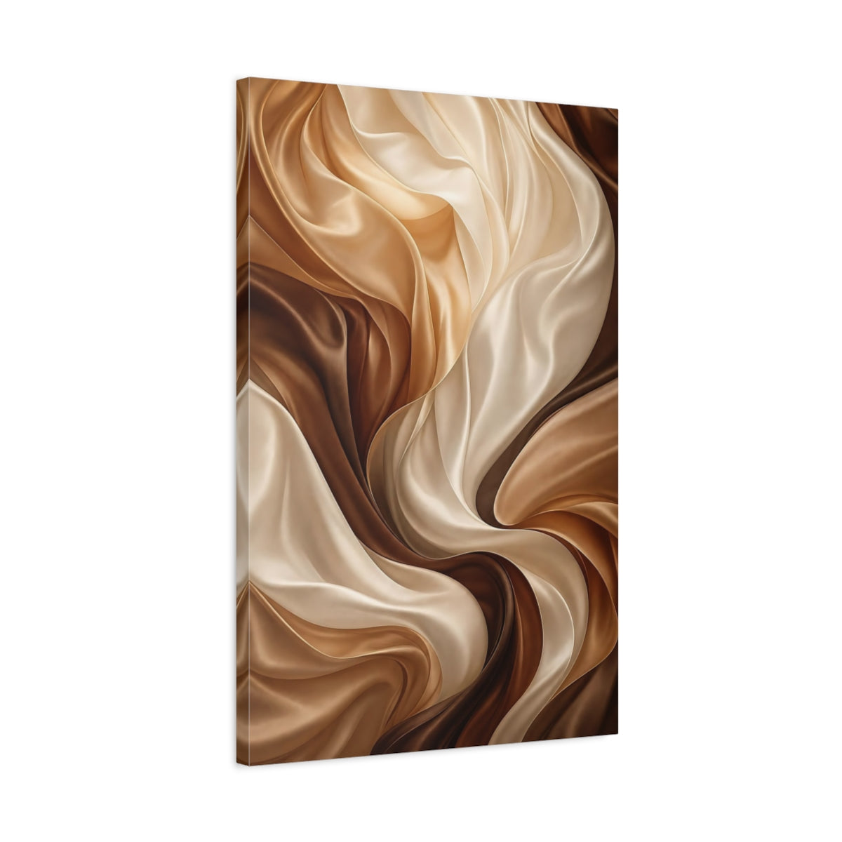 Side Mockup 2. Abstract Swirling Fabric Brown Gold Abstract shown as stretched canvas wall art